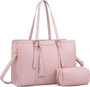 LOVEVOOK Laptop Bag for Women - 15.6 inch Lightweight PU Laptop Tote, Large Capacity Computer Bag with Clutch Purse for Business, Work, Office, Travel, Pink