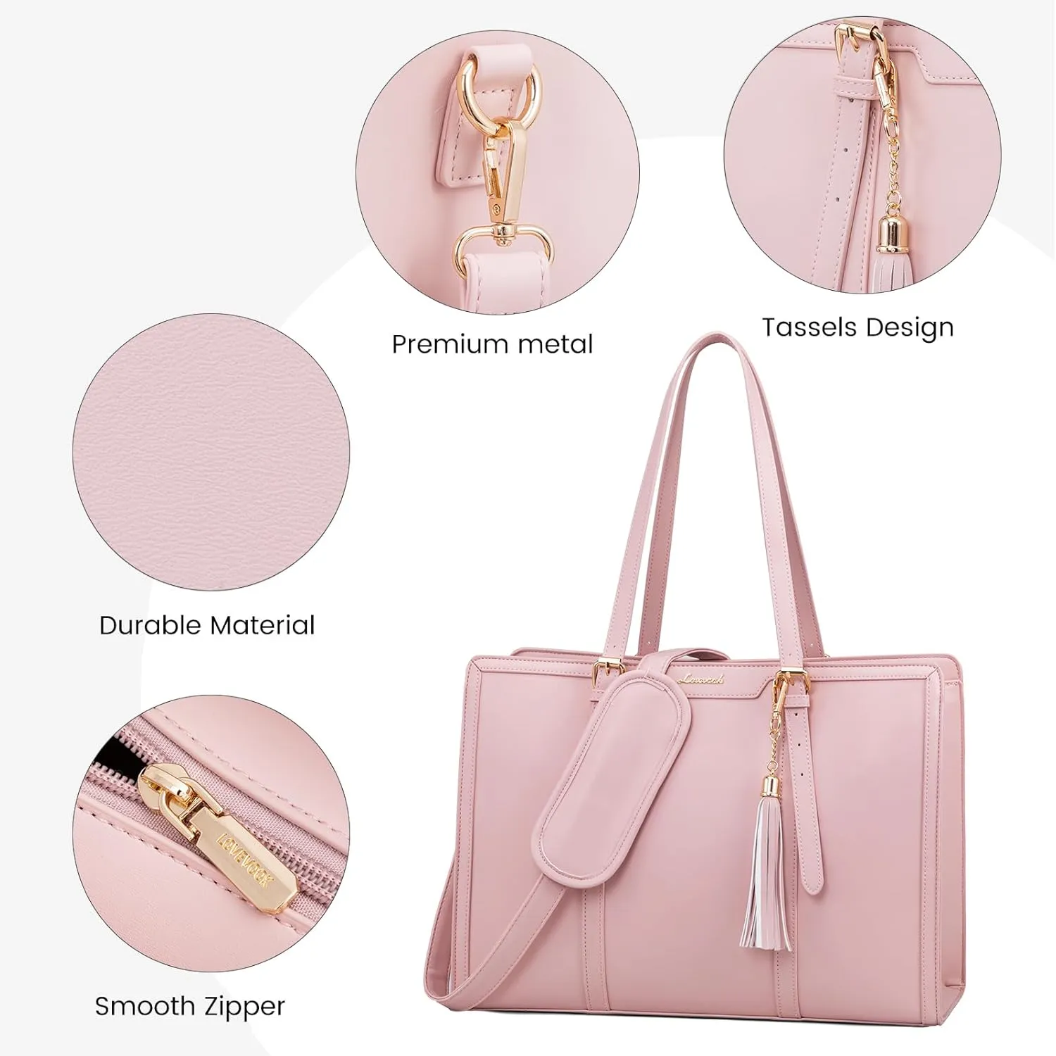 LOVEVOOK Laptop Bag for Women - 15.6 inch Lightweight PU Laptop Tote, Large Capacity Computer Bag with Clutch Purse for Business, Work, Office, Travel, Pink
