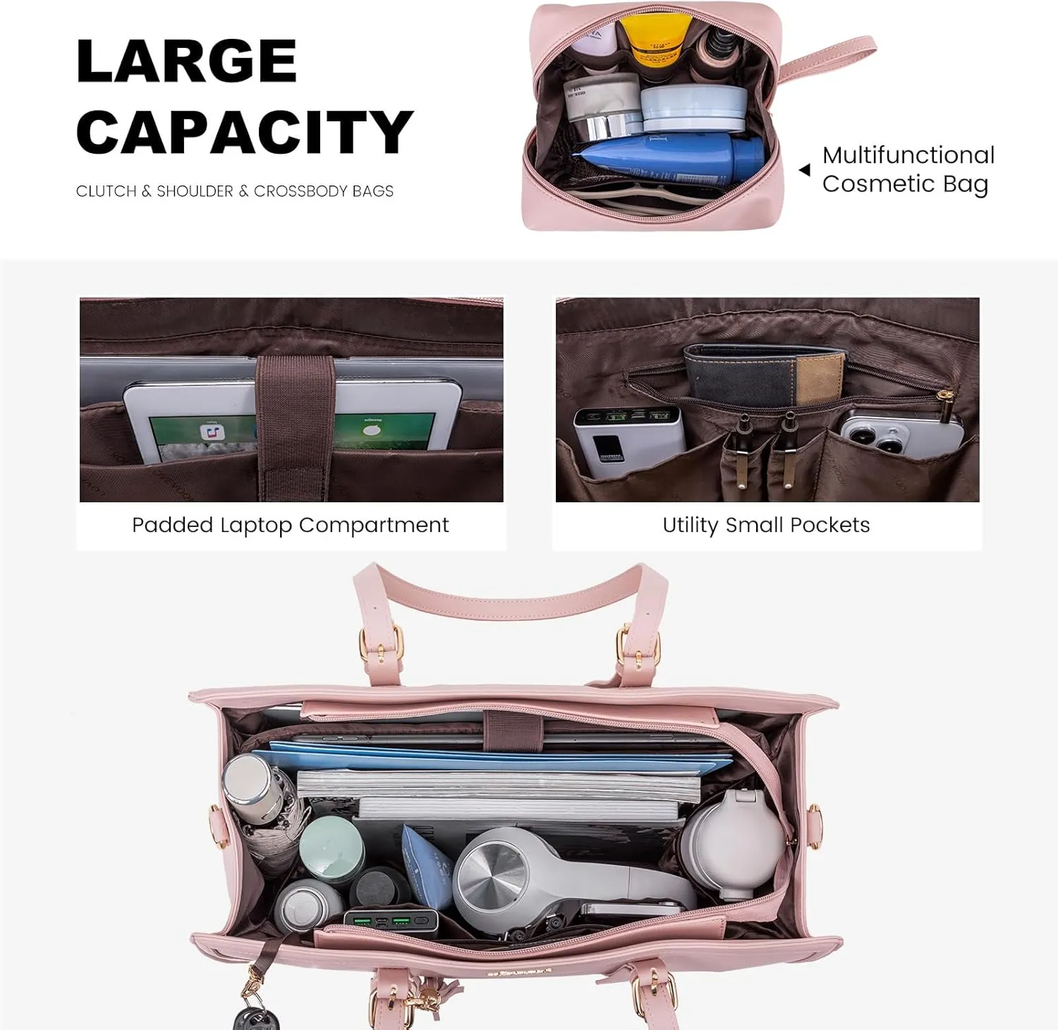 LOVEVOOK Laptop Bag for Women - 15.6 inch Lightweight PU Laptop Tote, Large Capacity Computer Bag with Clutch Purse for Business, Work, Office, Travel, Pink