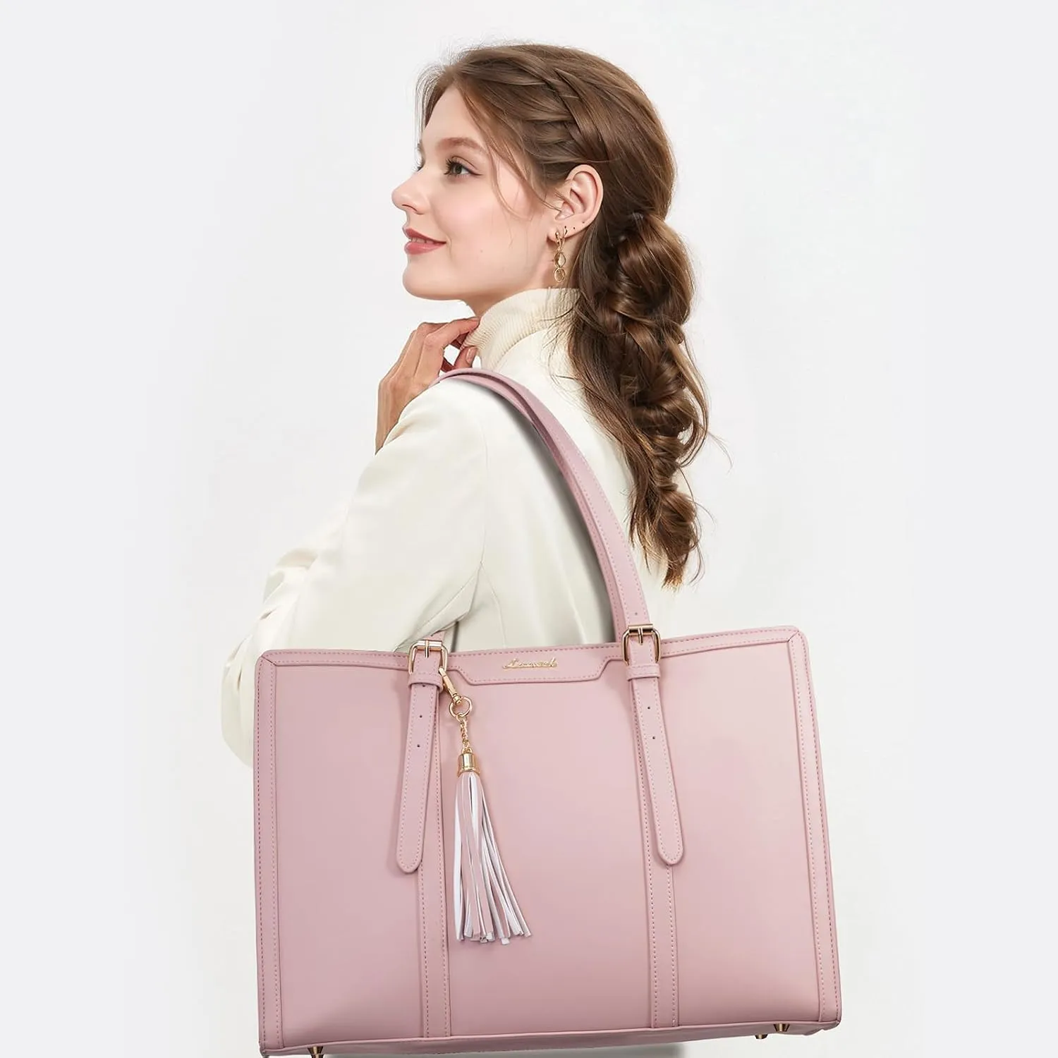 LOVEVOOK Laptop Bag for Women - 15.6 inch Lightweight PU Laptop Tote, Large Capacity Computer Bag with Clutch Purse for Business, Work, Office, Travel, Pink