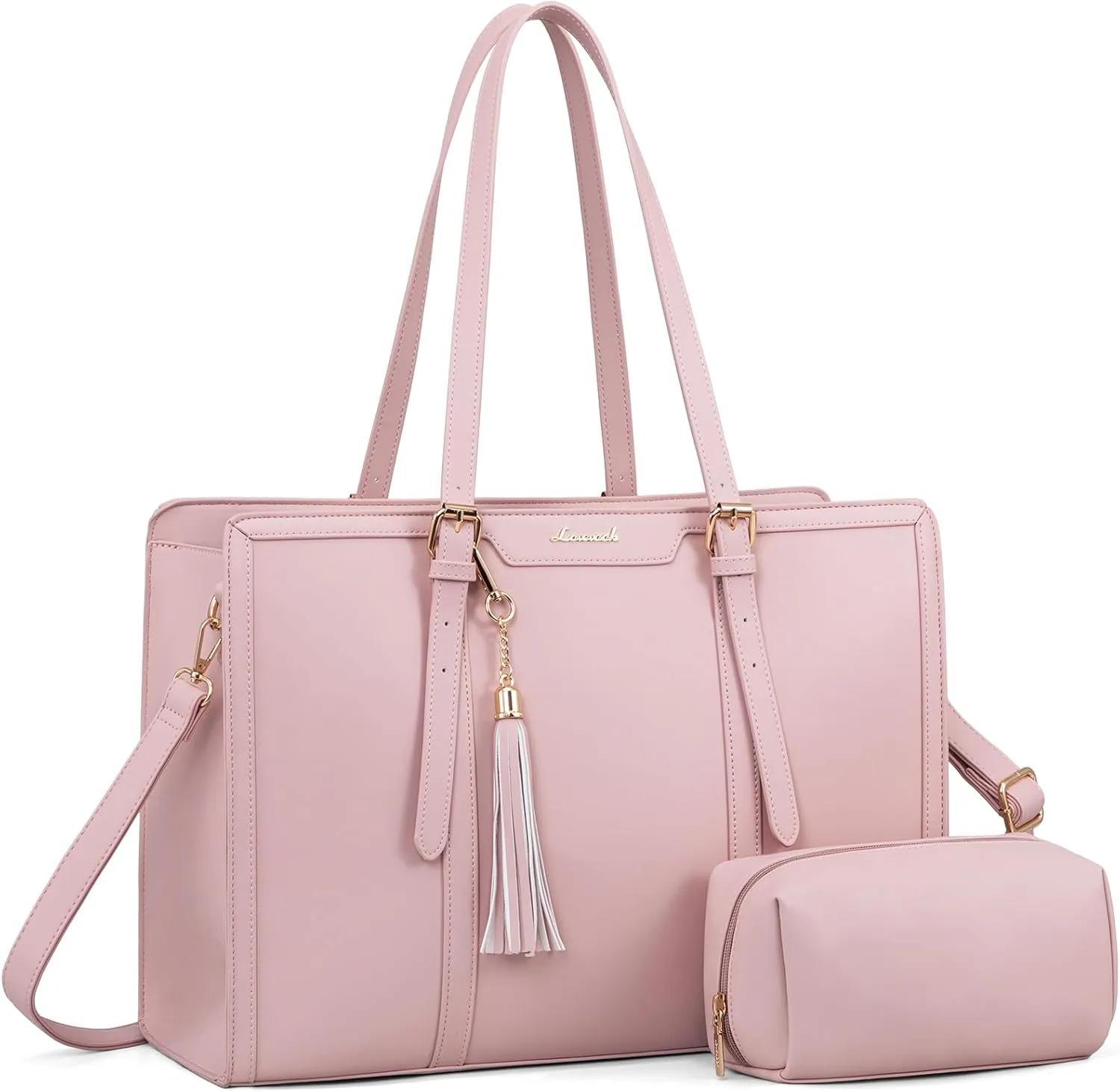 LOVEVOOK Laptop Bag for Women - 15.6 inch Lightweight PU Laptop Tote, Large Capacity Computer Bag with Clutch Purse for Business, Work, Office, Travel, Pink