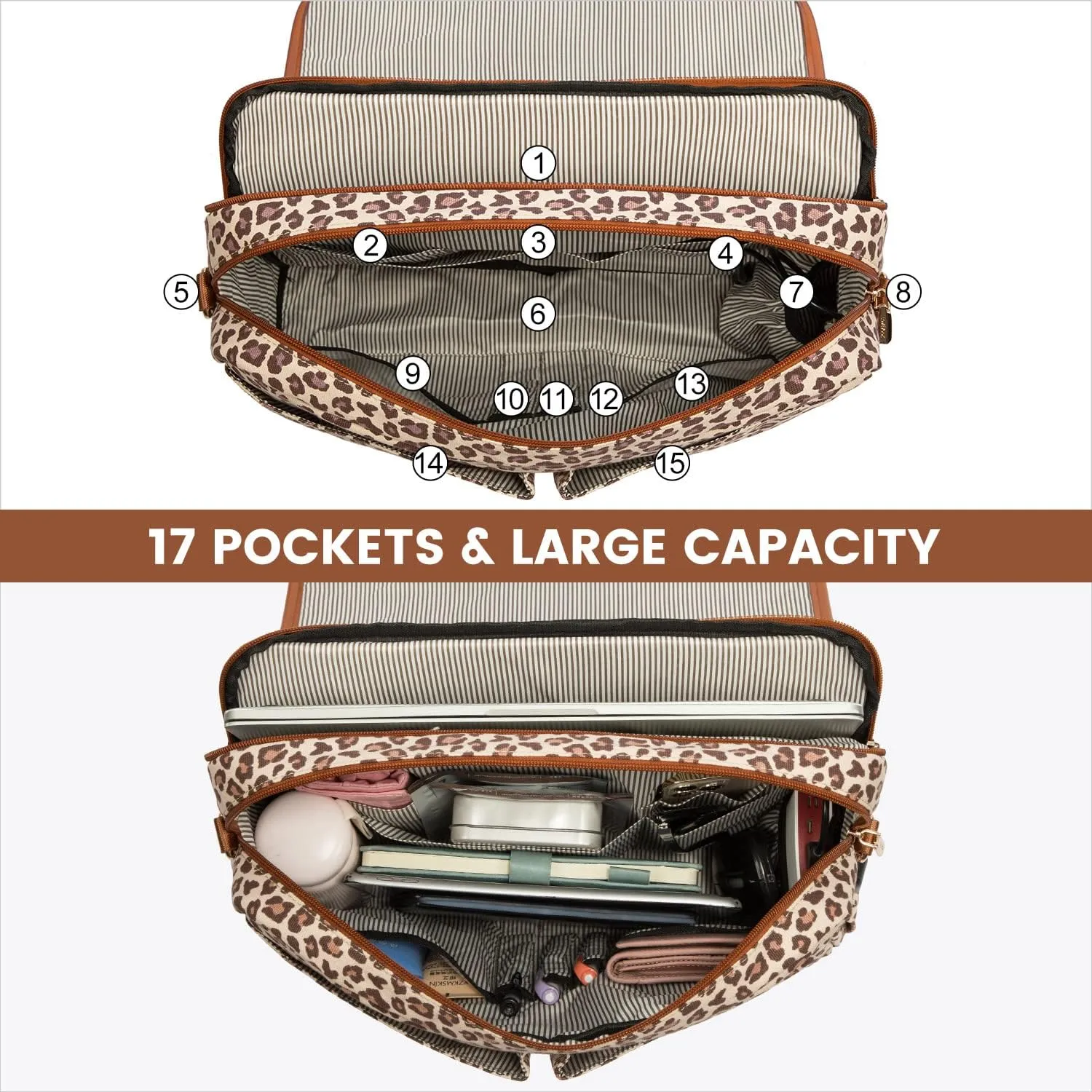 LOVEVOOK Laptop Bag for Women, Large Capacity Work Computer Bags Briefcase, Cute Shoulder Messenger Bag, Tote Purse Laptop Sleeve Case Fits 15.6-inch Laptop, Leopard Print-Brown Pro
