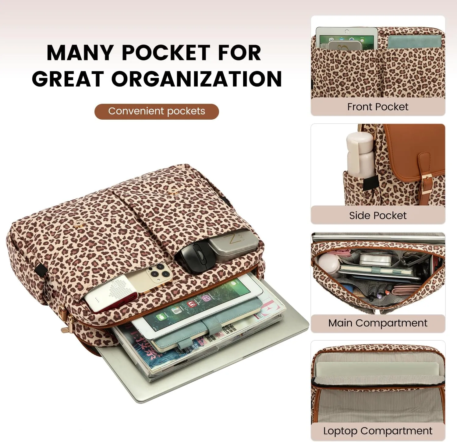 LOVEVOOK Laptop Bag for Women, Large Capacity Work Computer Bags Briefcase, Cute Shoulder Messenger Bag, Tote Purse Laptop Sleeve Case Fits 15.6-inch Laptop, Leopard Print-Brown Pro