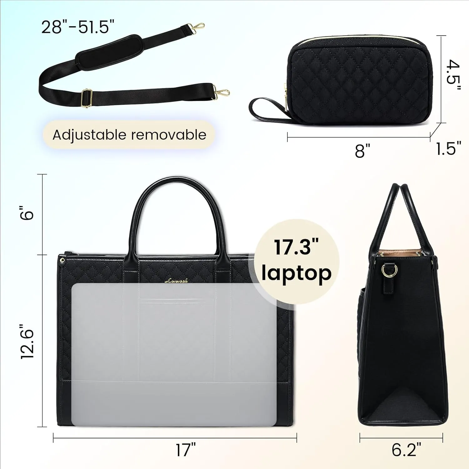 LOVEVOOK Laptop Bags for Women, 17 inch Waterproof Work Tote Bag with Clutch, Professional Teacher Computer Purse Lightweight Shoulder Bag Travel, Quilted Black