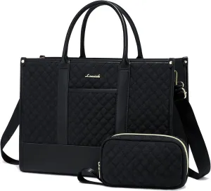 LOVEVOOK Laptop Bags for Women, 17 inch Waterproof Work Tote Bag with Clutch, Professional Teacher Computer Purse Lightweight Shoulder Bag Travel, Quilted Black
