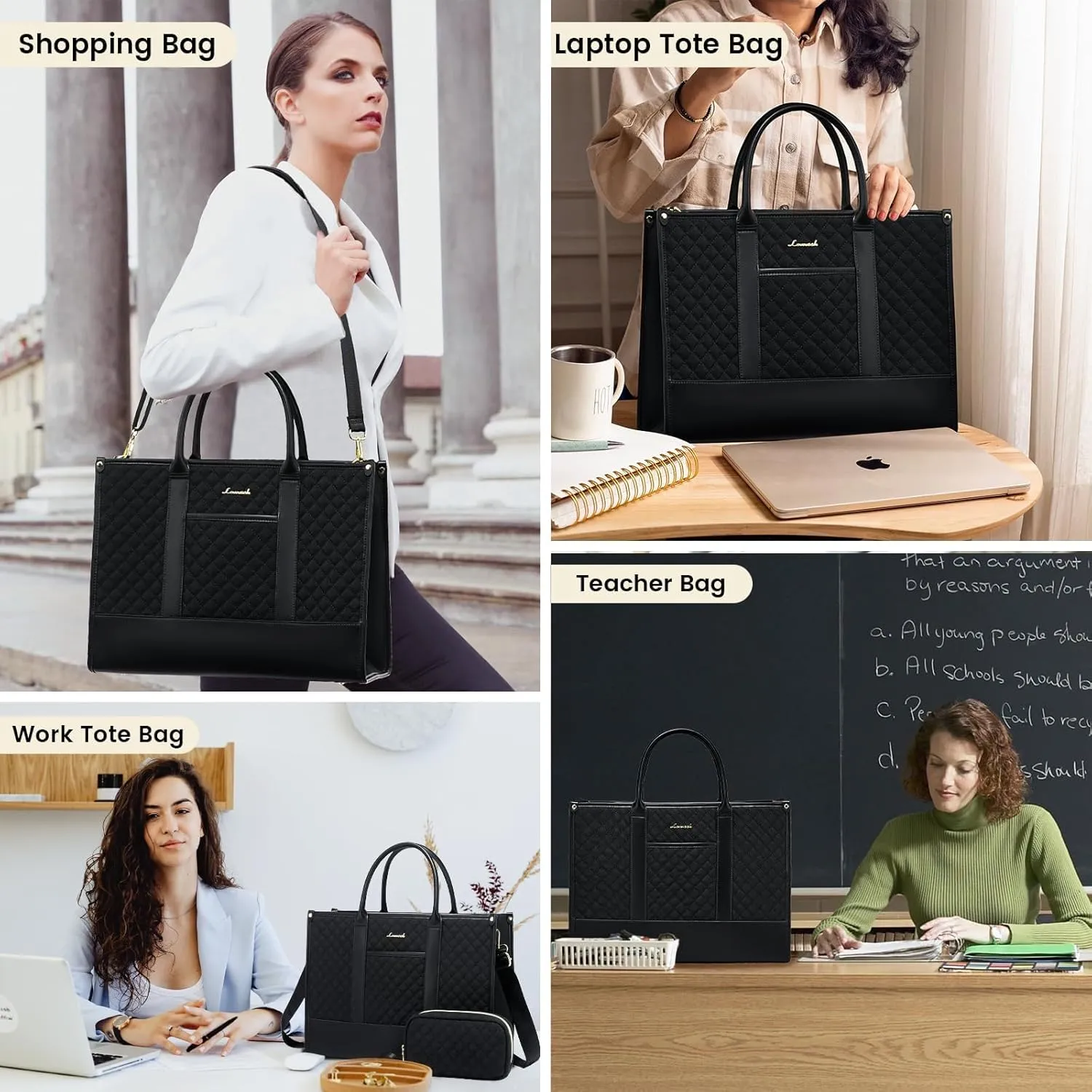 LOVEVOOK Laptop Bags for Women, 17 inch Waterproof Work Tote Bag with Clutch, Professional Teacher Computer Purse Lightweight Shoulder Bag Travel, Quilted Black