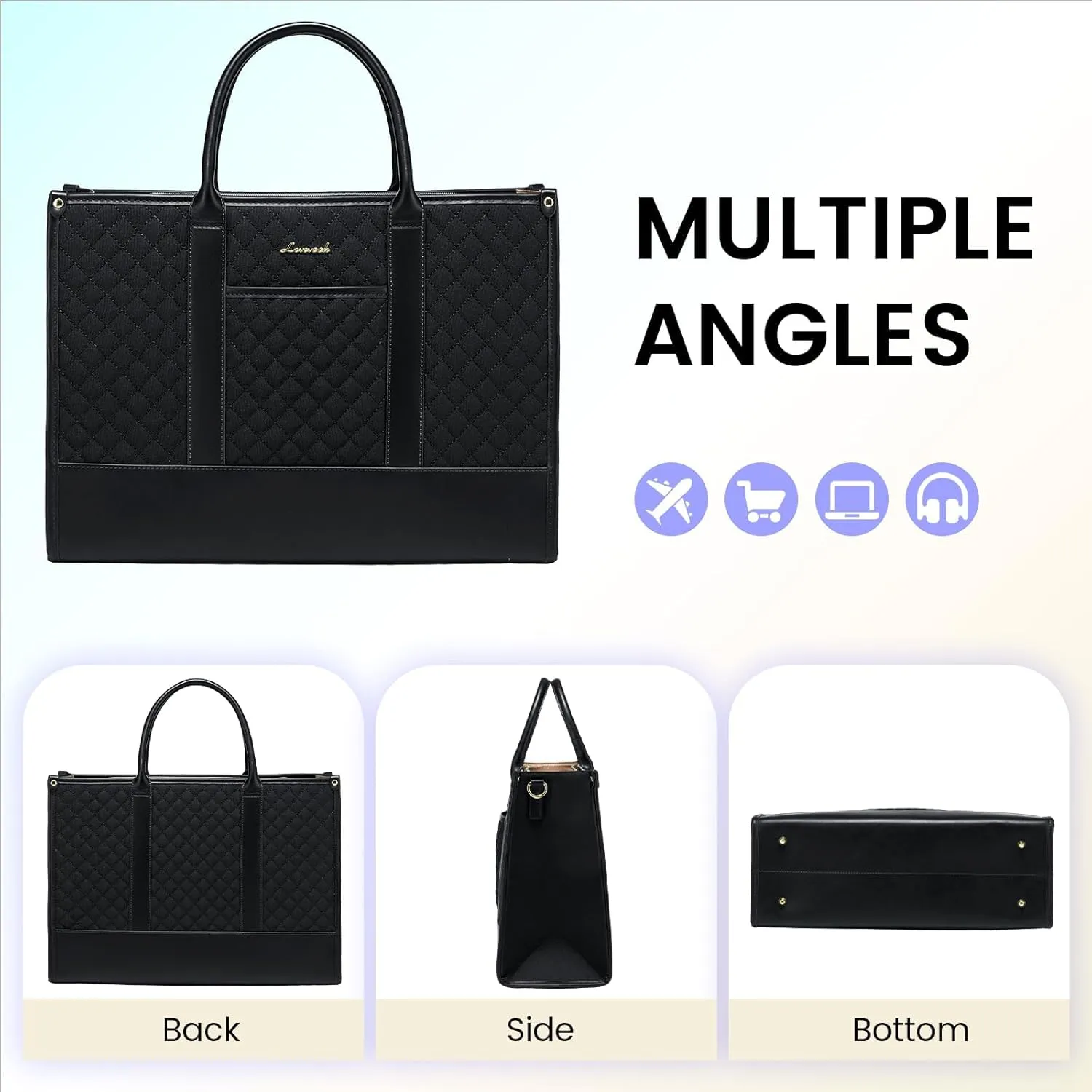 LOVEVOOK Laptop Bags for Women, 17 inch Waterproof Work Tote Bag with Clutch, Professional Teacher Computer Purse Lightweight Shoulder Bag Travel, Quilted Black