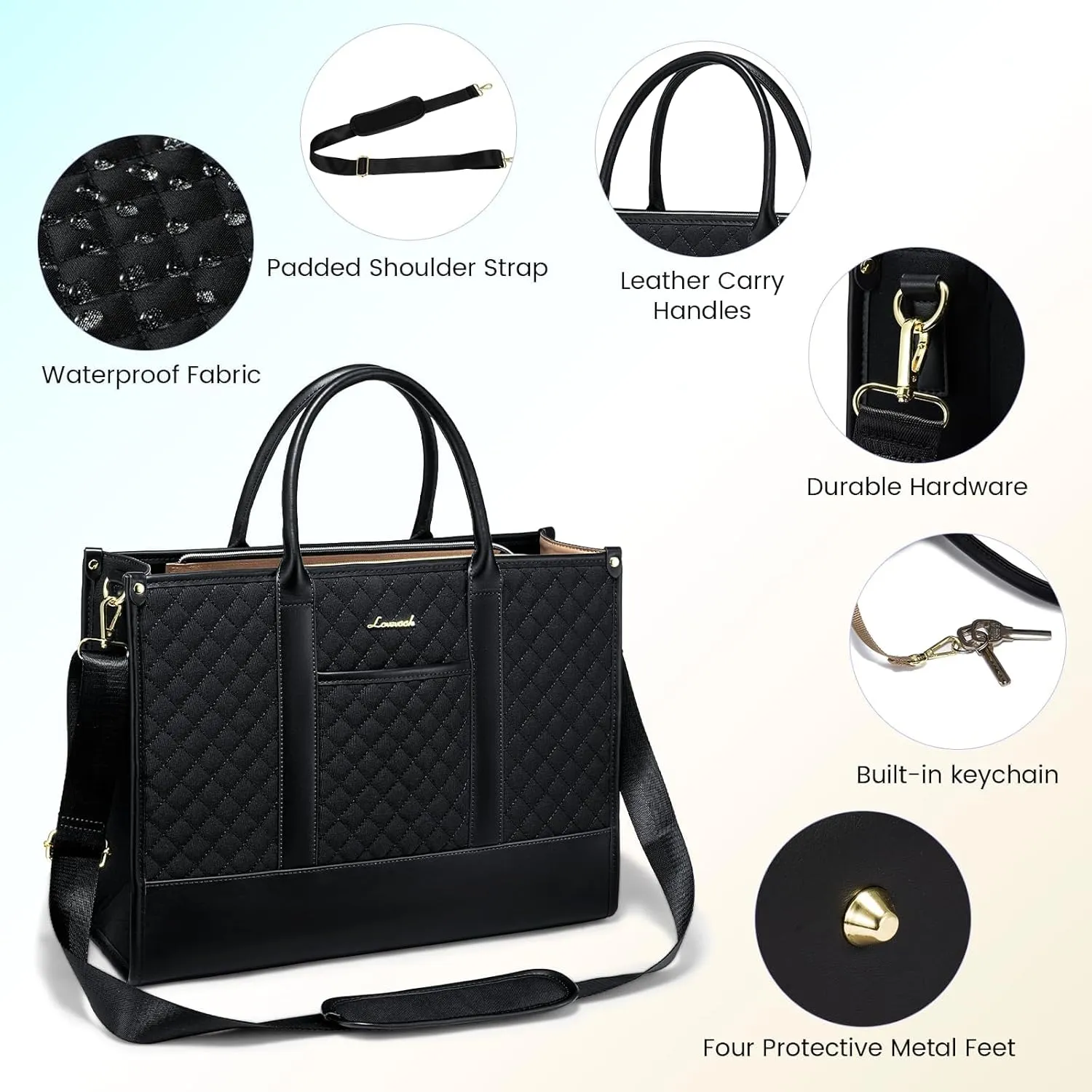 LOVEVOOK Laptop Bags for Women, 17 inch Waterproof Work Tote Bag with Clutch, Professional Teacher Computer Purse Lightweight Shoulder Bag Travel, Quilted Black