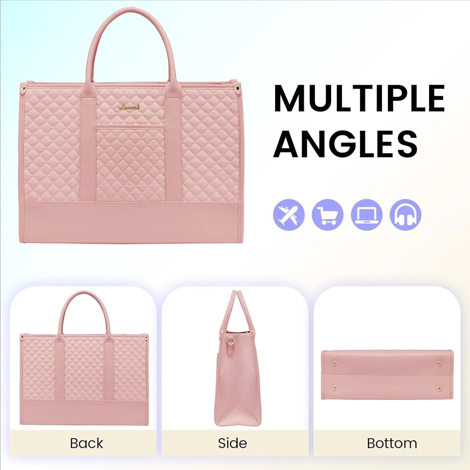 LOVEVOOK Laptop Bags for Women, 17 inch Waterproof Work Tote Bag with Clutch, Professional Teacher Computer Purse Lightweight Shoulder Bag Travel, Quilted Pink