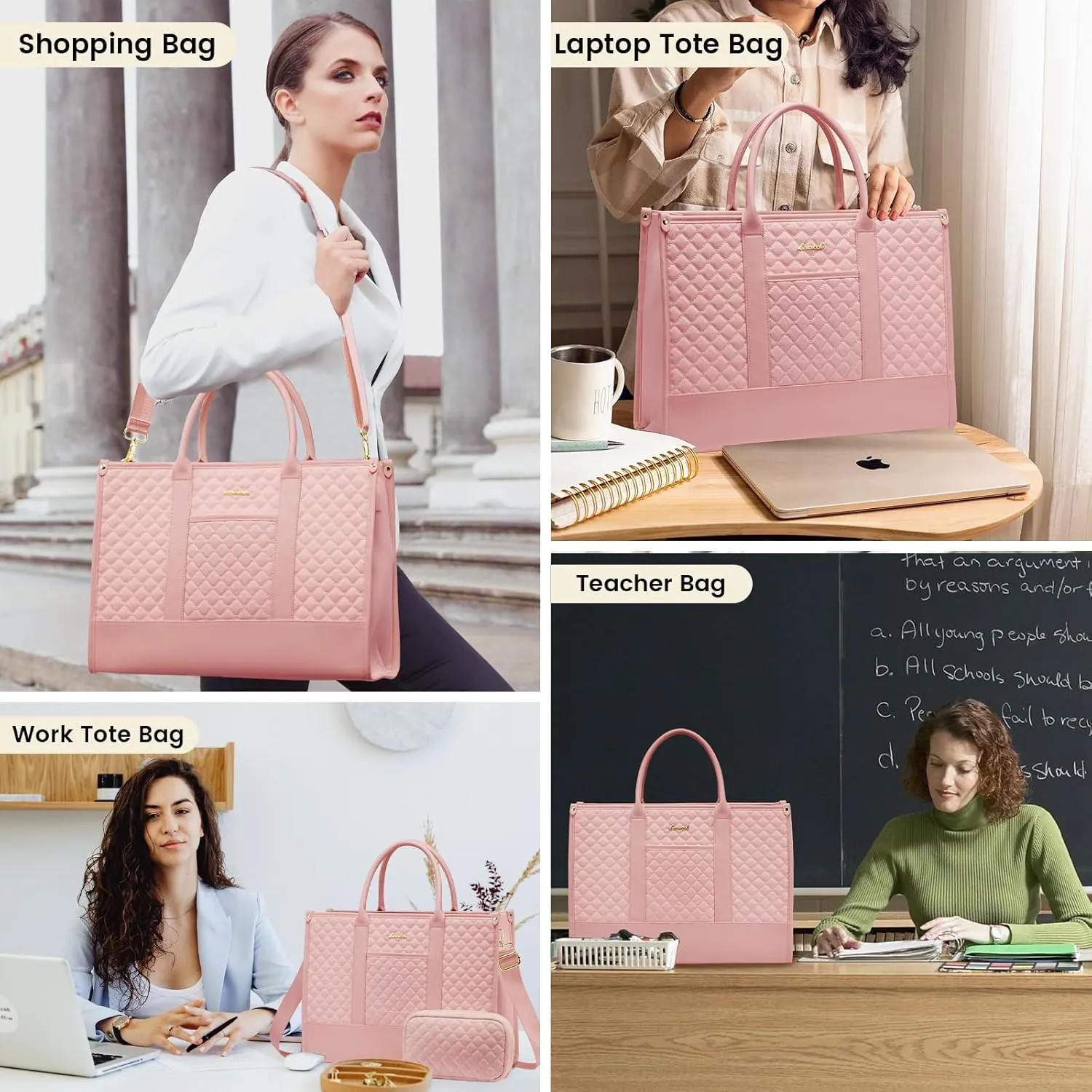 LOVEVOOK Laptop Bags for Women, 17 inch Waterproof Work Tote Bag with Clutch, Professional Teacher Computer Purse Lightweight Shoulder Bag Travel, Quilted Pink