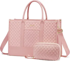 LOVEVOOK Laptop Bags for Women, 17 inch Waterproof Work Tote Bag with Clutch, Professional Teacher Computer Purse Lightweight Shoulder Bag Travel, Quilted Pink