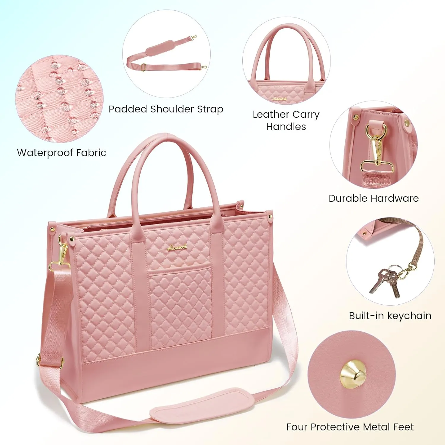 LOVEVOOK Laptop Bags for Women, 17 inch Waterproof Work Tote Bag with Clutch, Professional Teacher Computer Purse Lightweight Shoulder Bag Travel, Quilted Pink