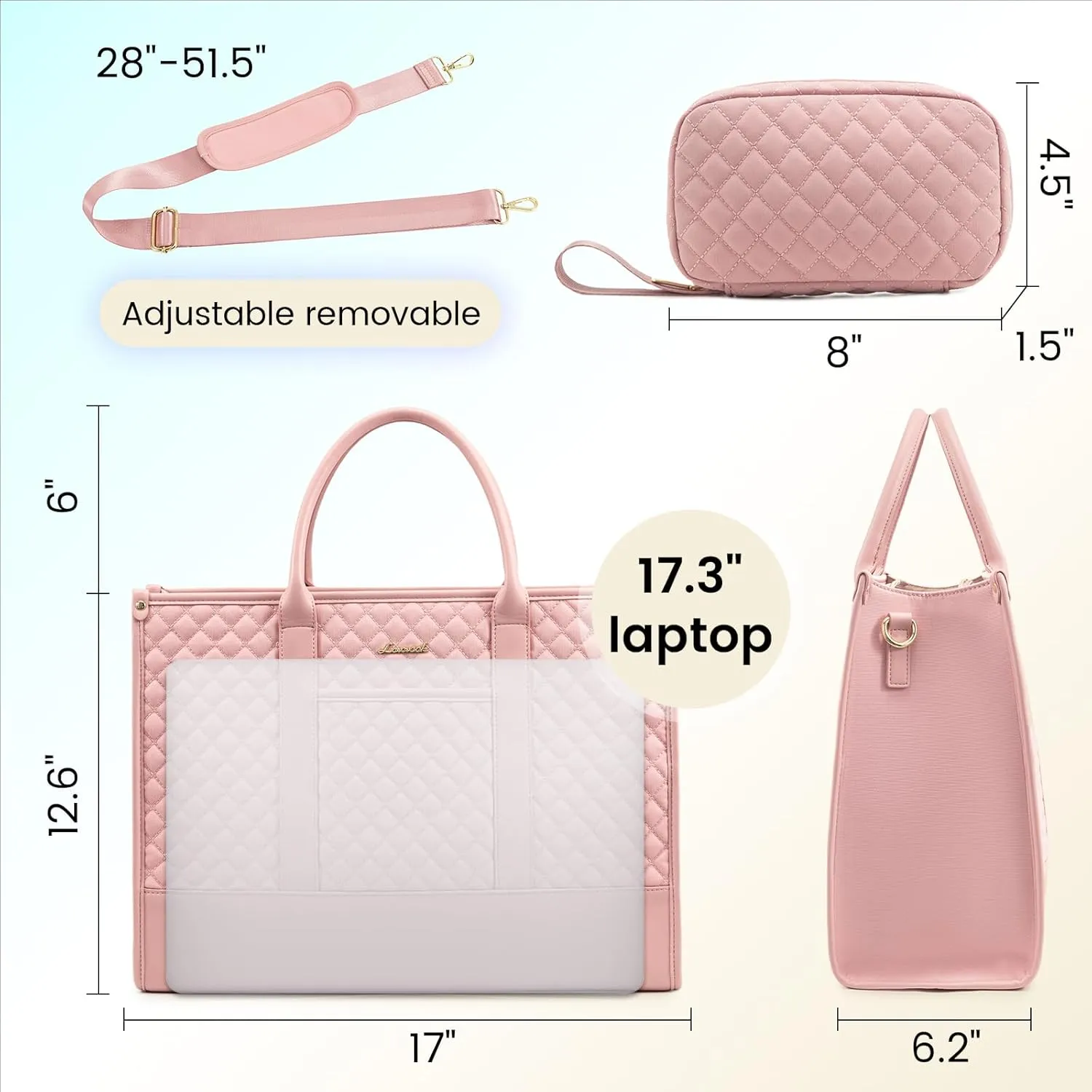 LOVEVOOK Laptop Bags for Women, 17 inch Waterproof Work Tote Bag with Clutch, Professional Teacher Computer Purse Lightweight Shoulder Bag Travel, Quilted Pink