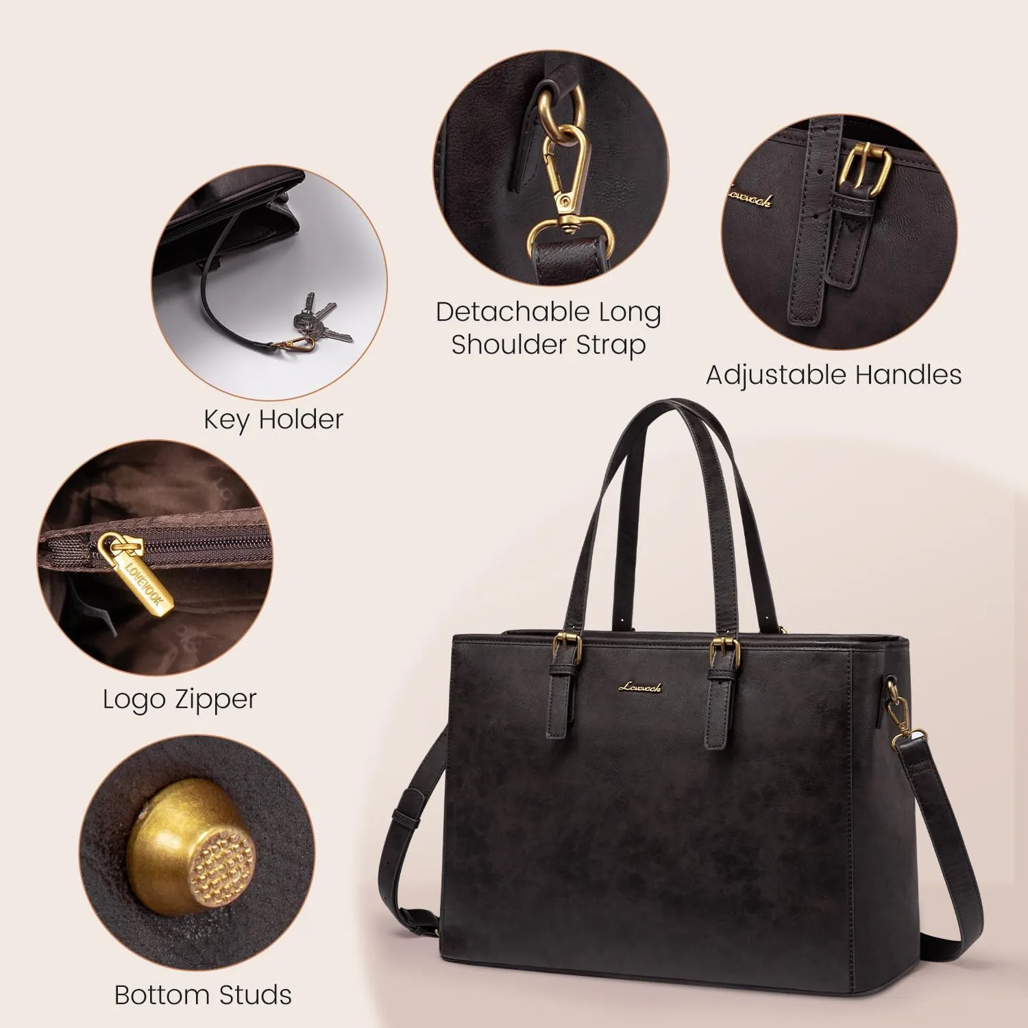 LOVEVOOK Laptop Tote Bag, 15.6 inch Vegan Leather Work Bags for Teacher Commuter Business, Large Waterproof Computer Purse Office Bag, Black Coffee