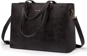 LOVEVOOK Laptop Tote Bag, 15.6 inch Vegan Leather Work Bags for Teacher Commuter Business, Large Waterproof Computer Purse Office Bag, Black Coffee