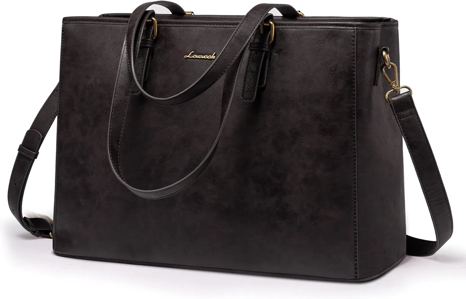 LOVEVOOK Laptop Tote Bag, 15.6 inch Vegan Leather Work Bags for Teacher Commuter Business, Large Waterproof Computer Purse Office Bag, Black Coffee