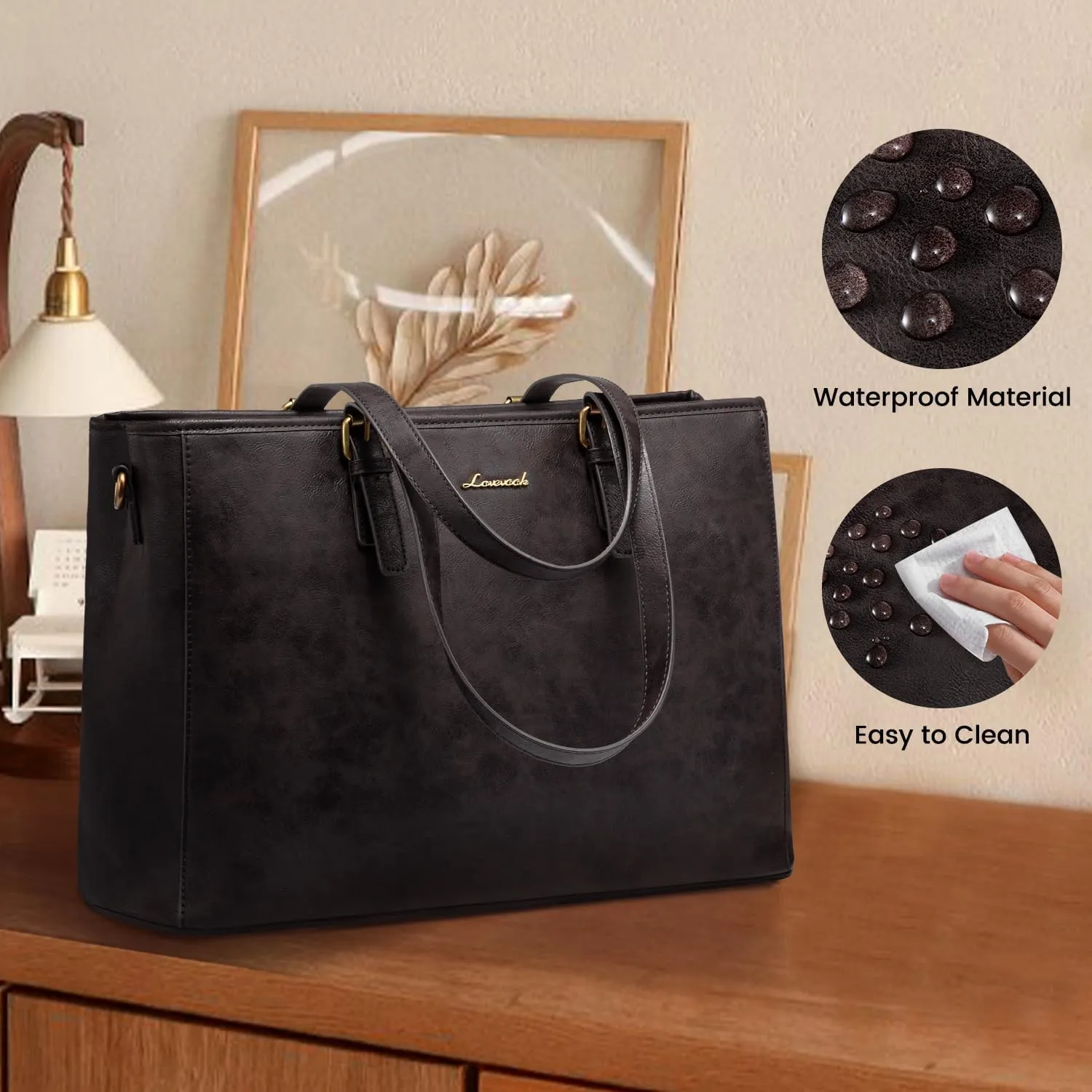 LOVEVOOK Laptop Tote Bag, 15.6 inch Vegan Leather Work Bags for Teacher Commuter Business, Large Waterproof Computer Purse Office Bag, Black Coffee