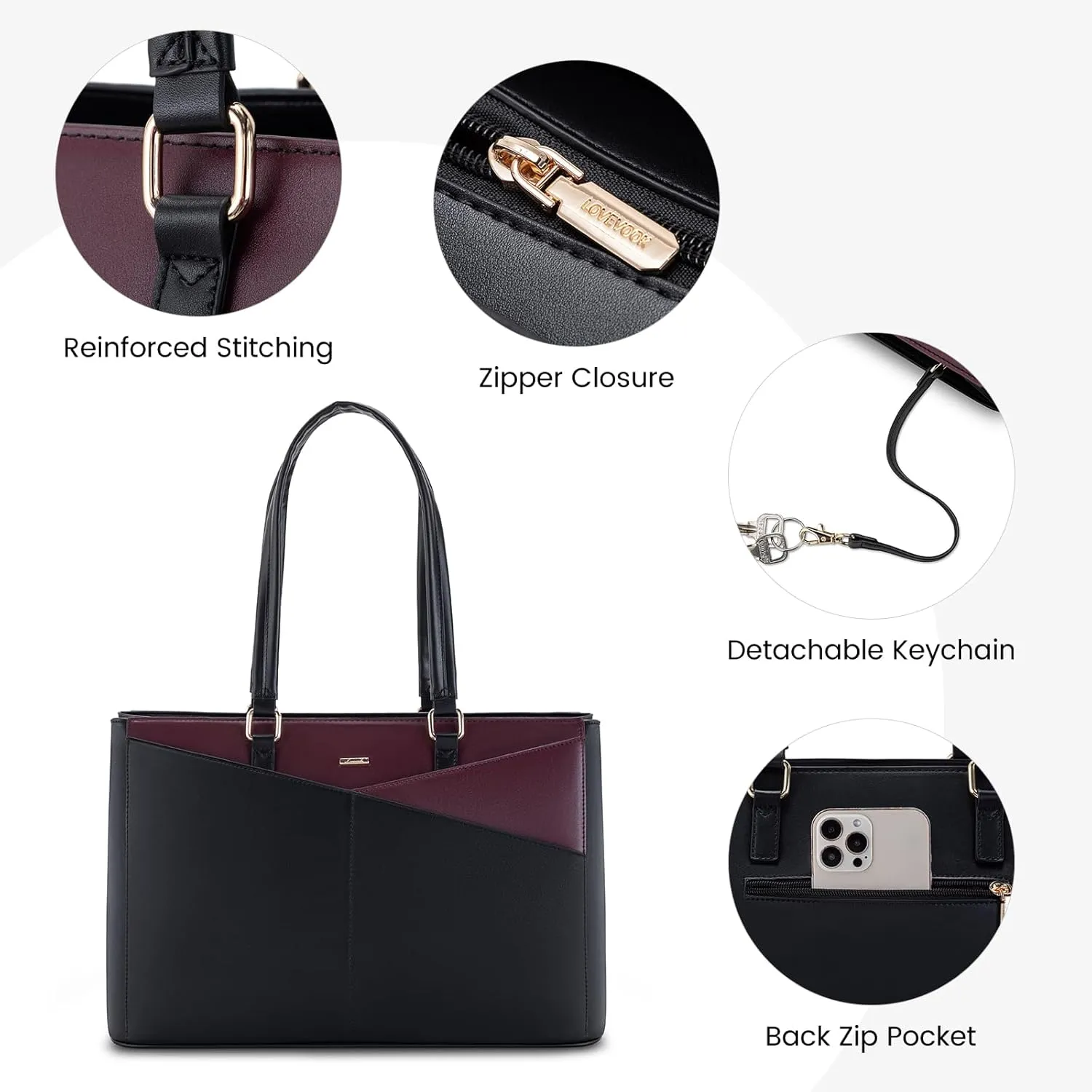 LOVEVOOK Laptop Tote Bag for Women, Office Work Bag Briefcase fit for 15.6 inch Laptop, Large Capacity Teacher Computer Bag Handbag Black/Purple