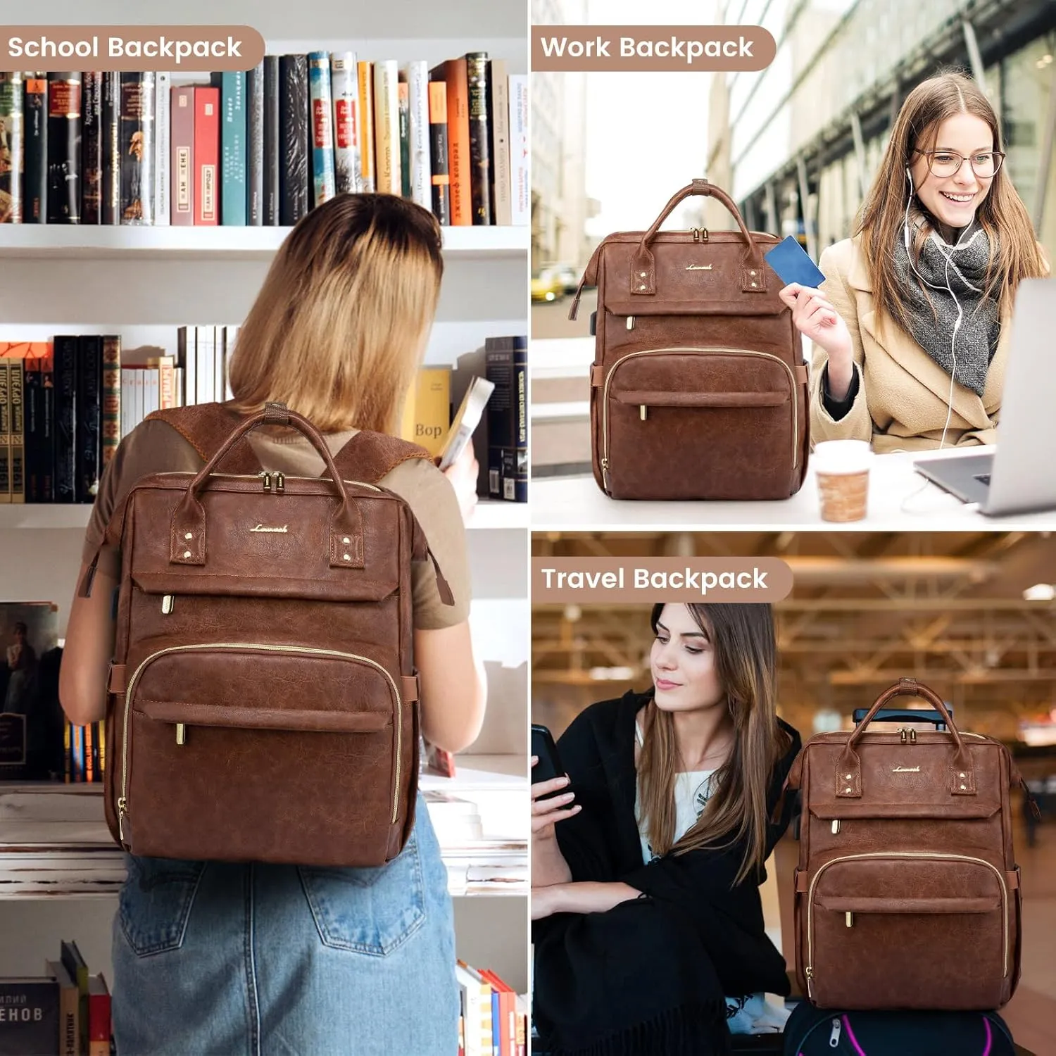 LOVEVOOK Leather Laptop Backpacks for Women 15.6 inch,Travel Backpack Purse Nurse Teacher Backpack Computer Laptop Bag,Professional College Business Work Bag Carry On Backpacks with USB Port,Red Brown
