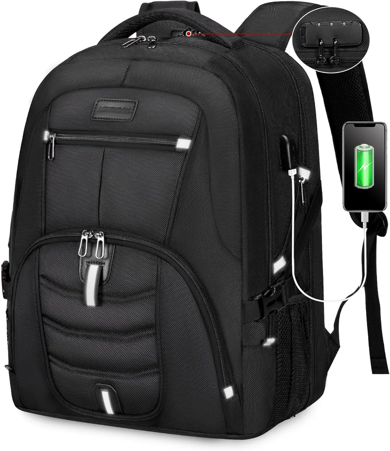 LOVEVOOK Travel Laptop Backpack Waterproof Anti Theft Backpack with Lock and USB Charging Port Large Computer Business Backpack for Men College Backpack (17 inch,Black-1