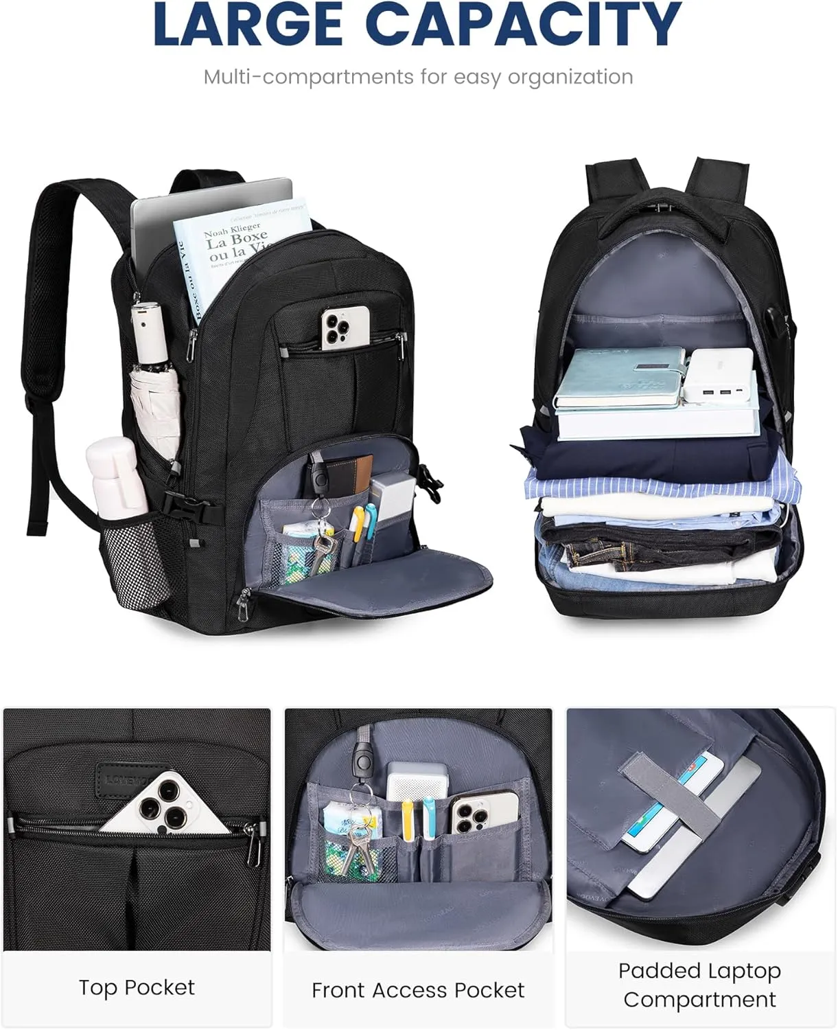 LOVEVOOK Travel Laptop Backpack Waterproof Anti Theft Backpack with Lock and USB Charging Port Large Computer Business Backpack for Men College Backpack (17 inch,Black-1