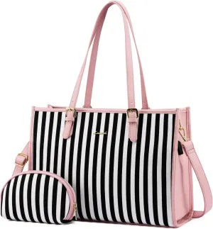 LOVEVOOK Women's Tote Bag - Large Capacity Handbag, Business Briefcase Travel Bag - 2 Pcs Set for 15.6-inch Laptop, Pink-Stripe