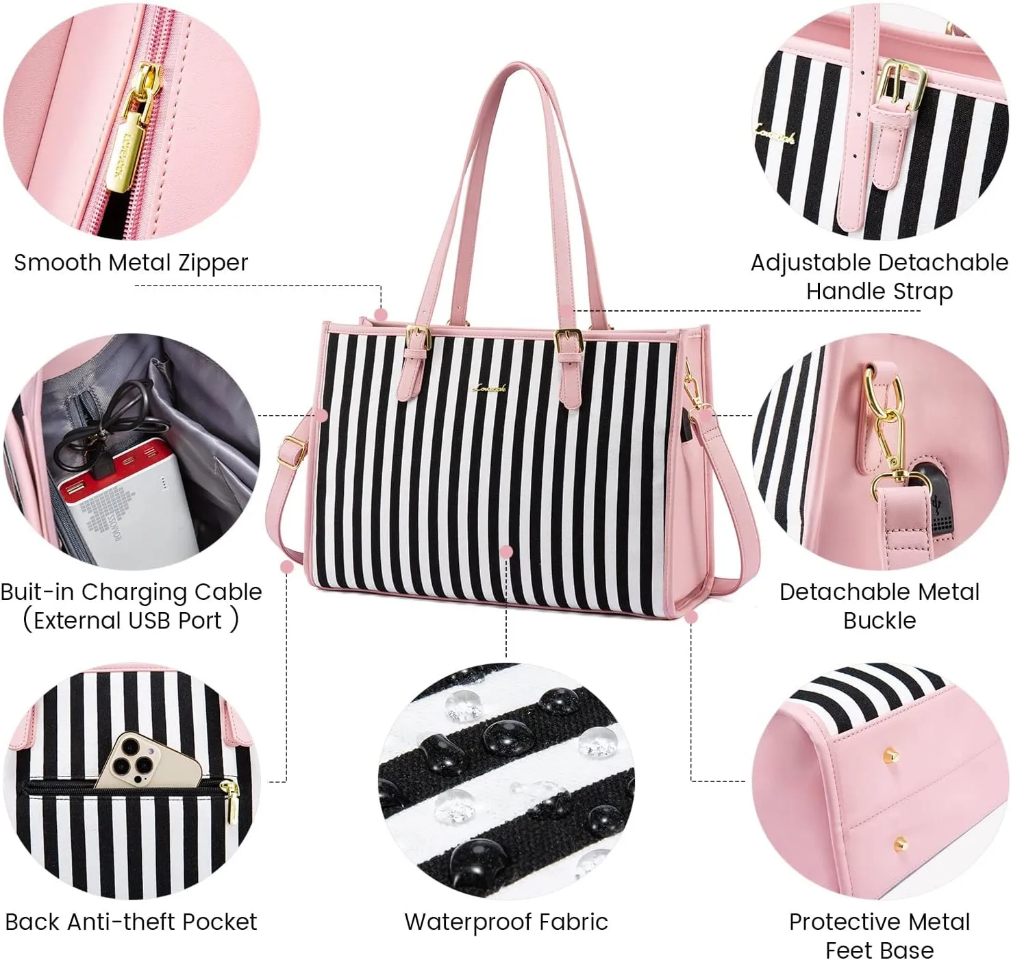 LOVEVOOK Women's Tote Bag - Large Capacity Handbag, Business Briefcase Travel Bag - 2 Pcs Set for 15.6-inch Laptop, Pink-Stripe