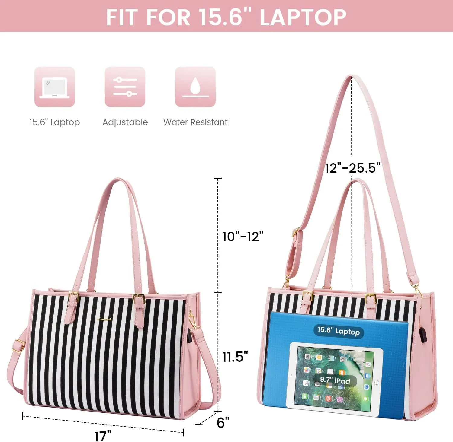 LOVEVOOK Women's Tote Bag - Large Capacity Handbag, Business Briefcase Travel Bag - 2 Pcs Set for 15.6-inch Laptop, Pink-Stripe