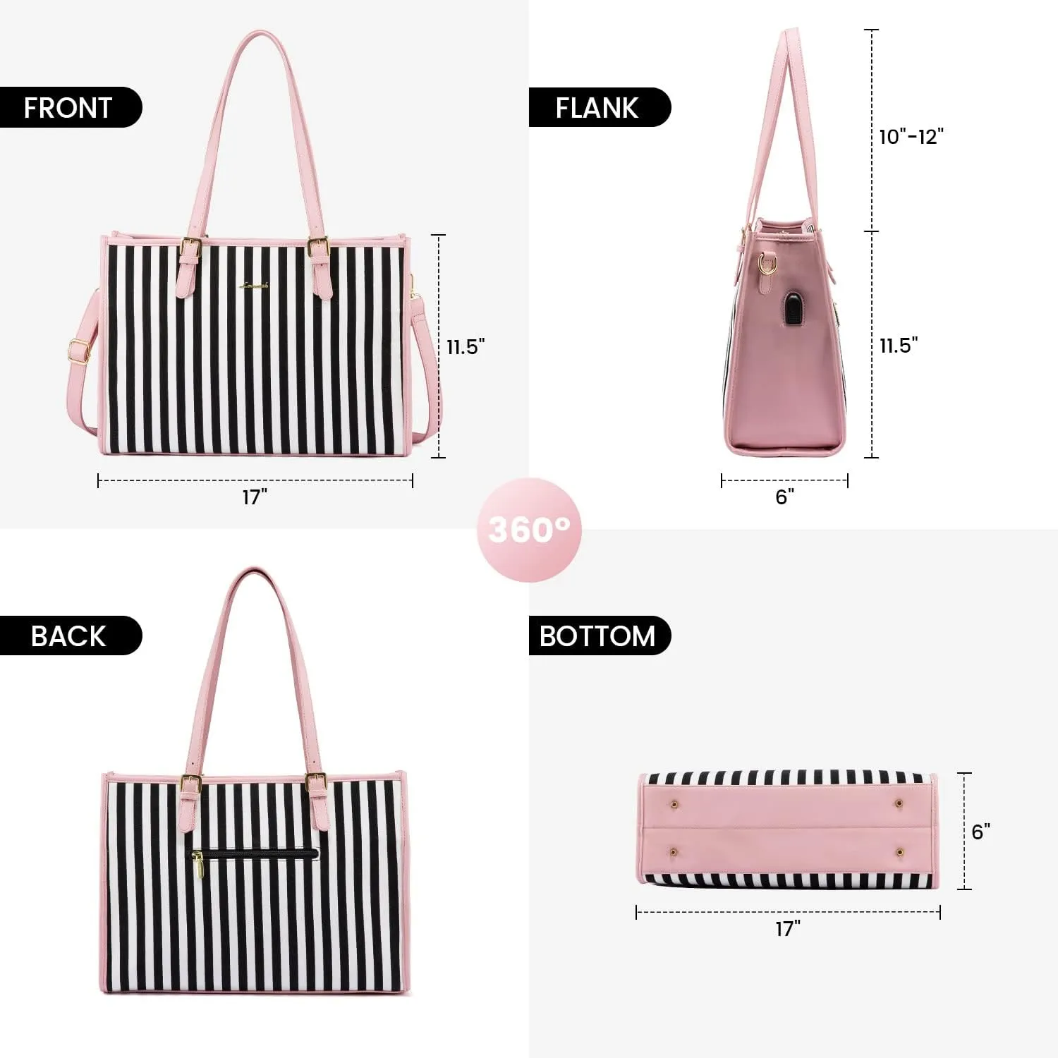 LOVEVOOK Women's Tote Bag - Large Capacity Handbag, Business Briefcase Travel Bag - 2 Pcs Set for 15.6-inch Laptop, Pink-Stripe