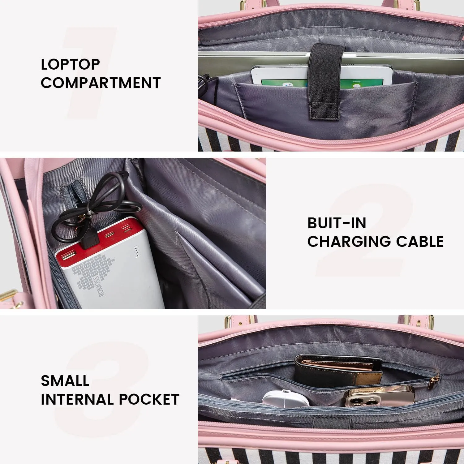 LOVEVOOK Women's Tote Bag - Large Capacity Handbag, Business Briefcase Travel Bag - 2 Pcs Set for 15.6-inch Laptop, Pink-Stripe