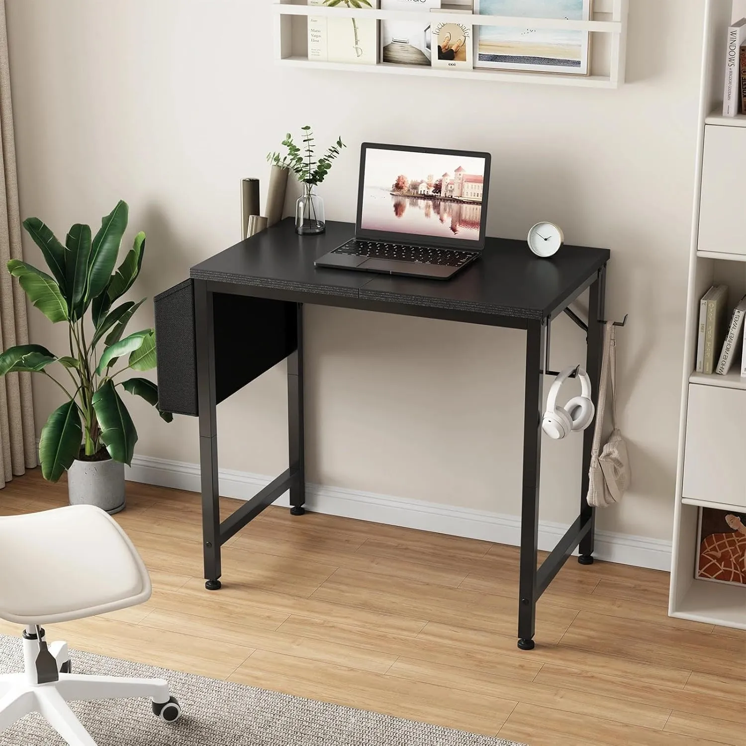 Lufeiya Small Desk for Small Spaces, 24 Inch Kids Girls Study Writing Mini Desks for Bedroom, Simple Modern Laptop PC Little Side Table with Storage Bag Headphone Hooks, Black