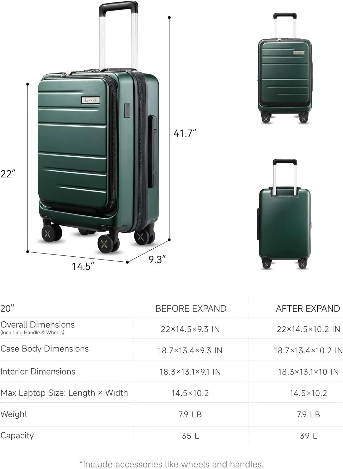 LUGGEX Carry On Luggage 22x14x9 Airline Approved, Expandable Polycarbonate Suitcase with Front Pocket (Green, 20 Inch, 35L)