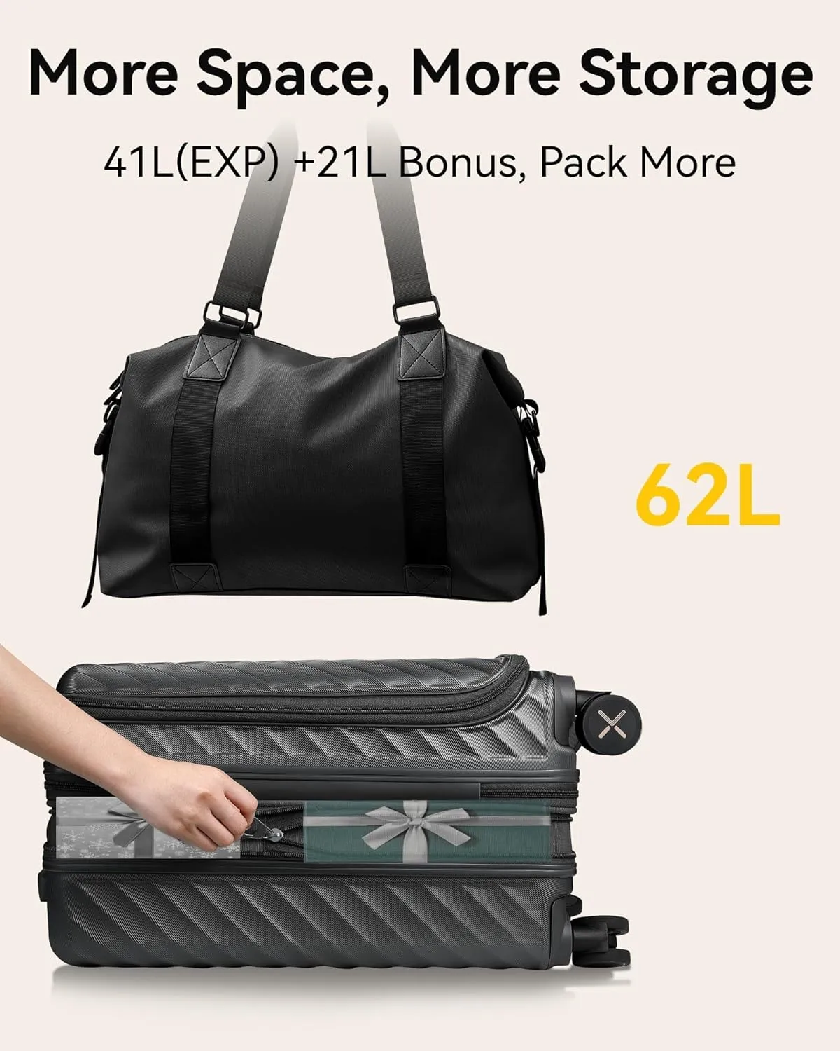 LUGGEX Carry On Luggage with Compartment and Cup Holder, Expandable PC Hard Shell Suitcase with Front Pocket (Rose Gold, 2-Piece (20/Tote))