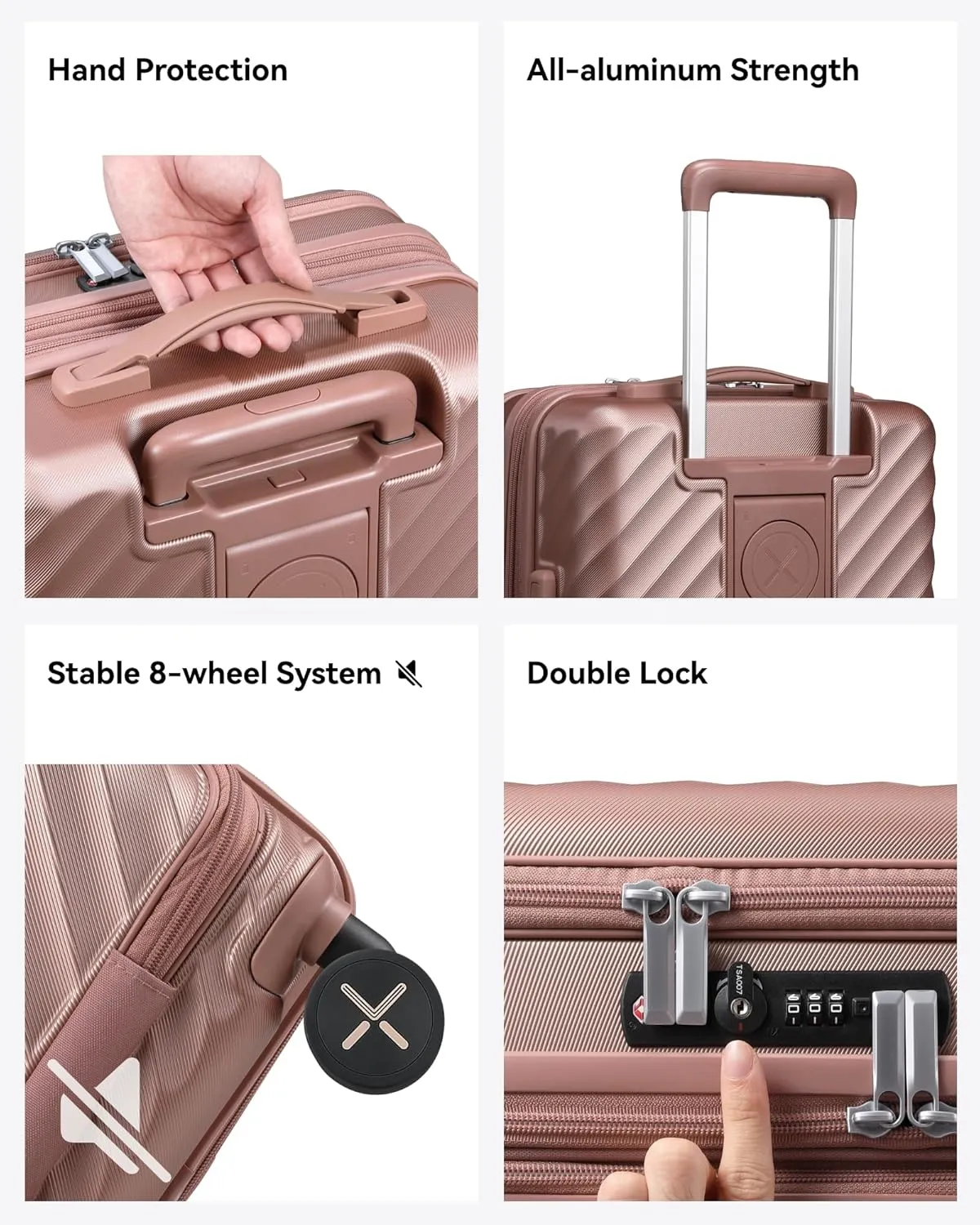 LUGGEX Carry On Luggage with Compartment and Cup Holder, Expandable PC Hard Shell Suitcase with Front Pocket (Rose Gold, 2-Piece (20/Tote))