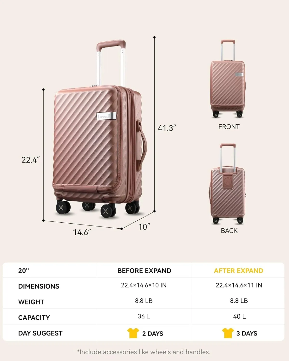 LUGGEX Carry On Luggage with Compartment and Cup Holder, Expandable PC Hard Shell Suitcase with Front Pocket (Rose Gold, 2-Piece (20/Tote))