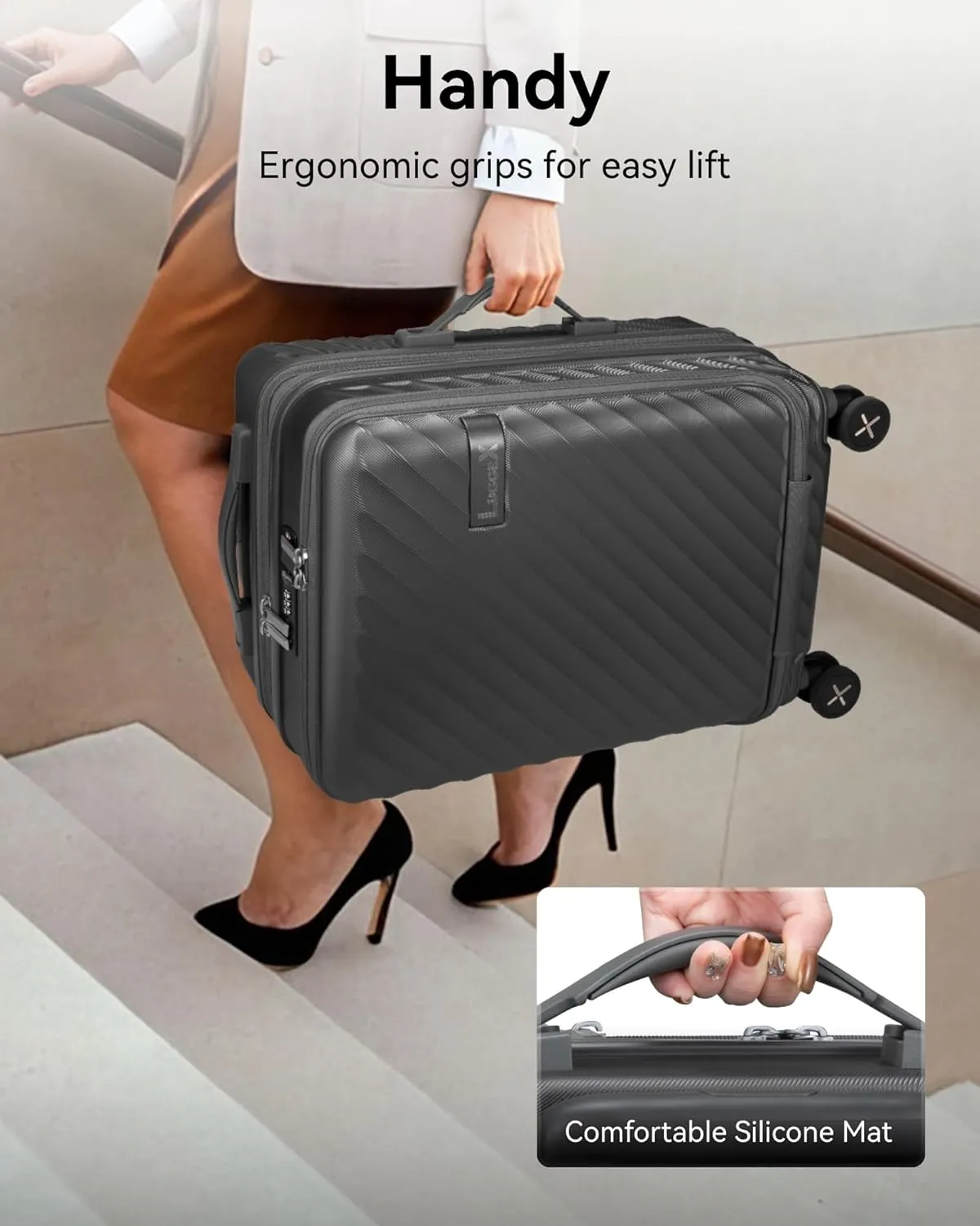 LUGGEX Carry On Luggage with Compartment and Cup Holder, Expandable PC Hard Shell Suitcase with Front Pocket (Rose Gold, 2-Piece (20/Tote))