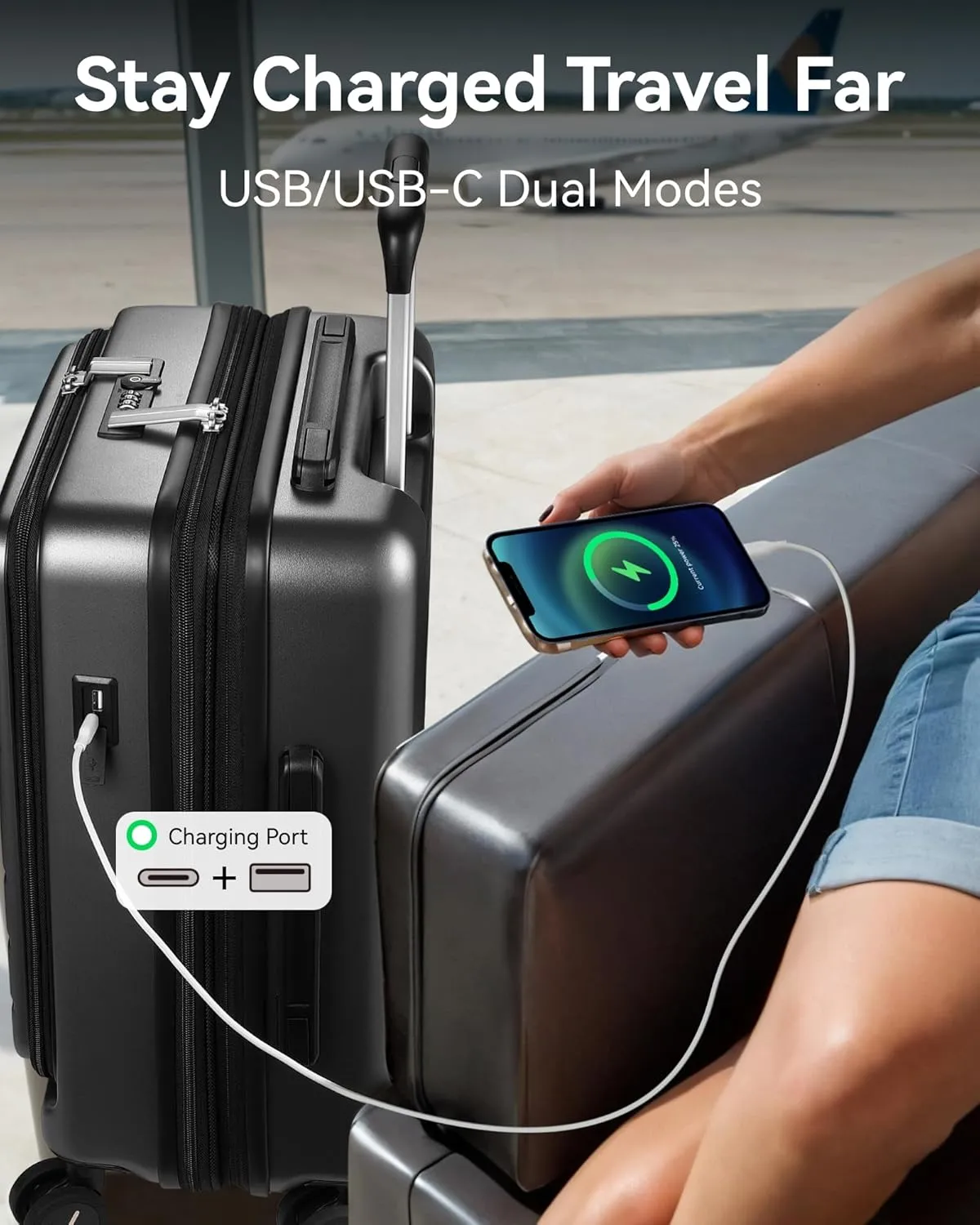 LUGGEX Carry On Luggage with Compartment, Expandable Polycarbonate Suitcase with Wheels (White, 20 Inch, 36.1L)