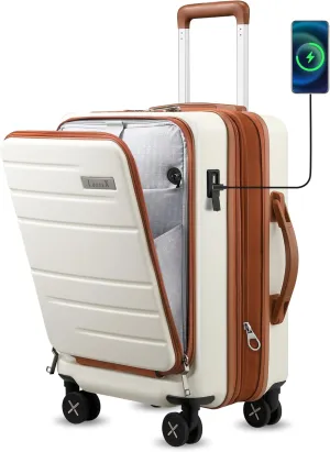 LUGGEX Carry On Luggage with Compartment, Expandable Polycarbonate Suitcase with Wheels (White, 20 Inch, 36.1L)
