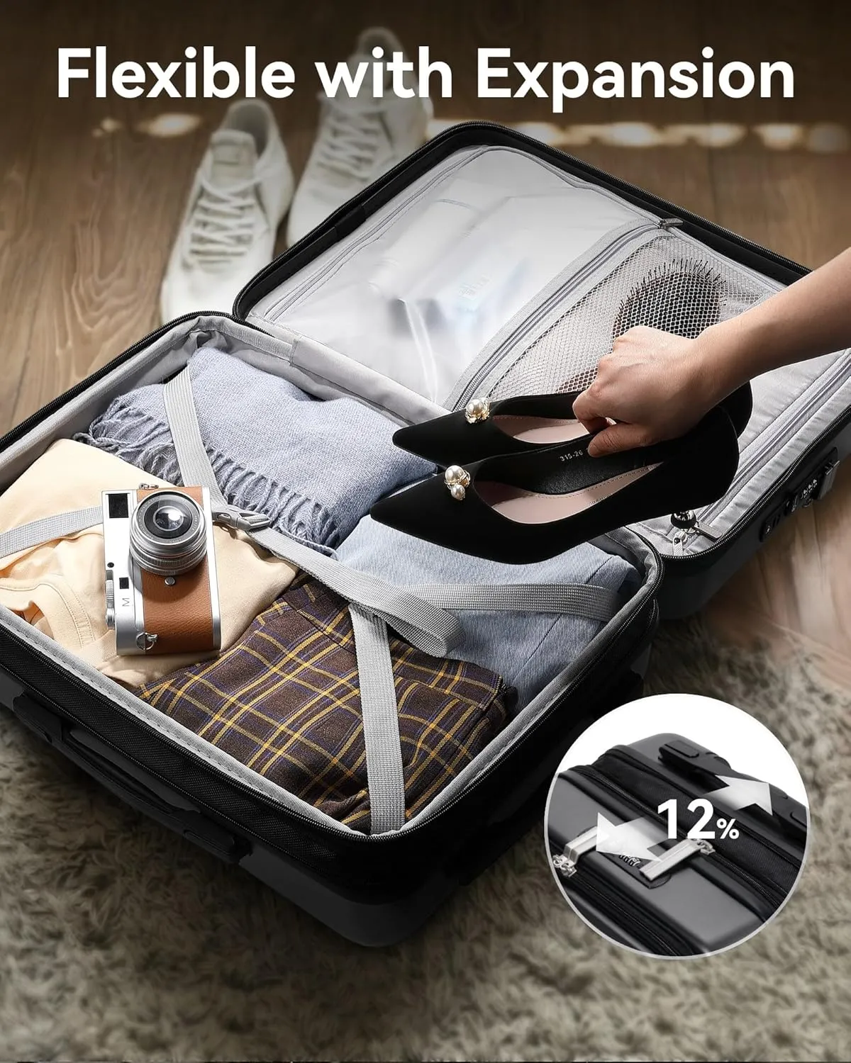 LUGGEX Carry On Luggage with Compartment, Expandable Polycarbonate Suitcase with Wheels (White, 20 Inch, 36.1L)