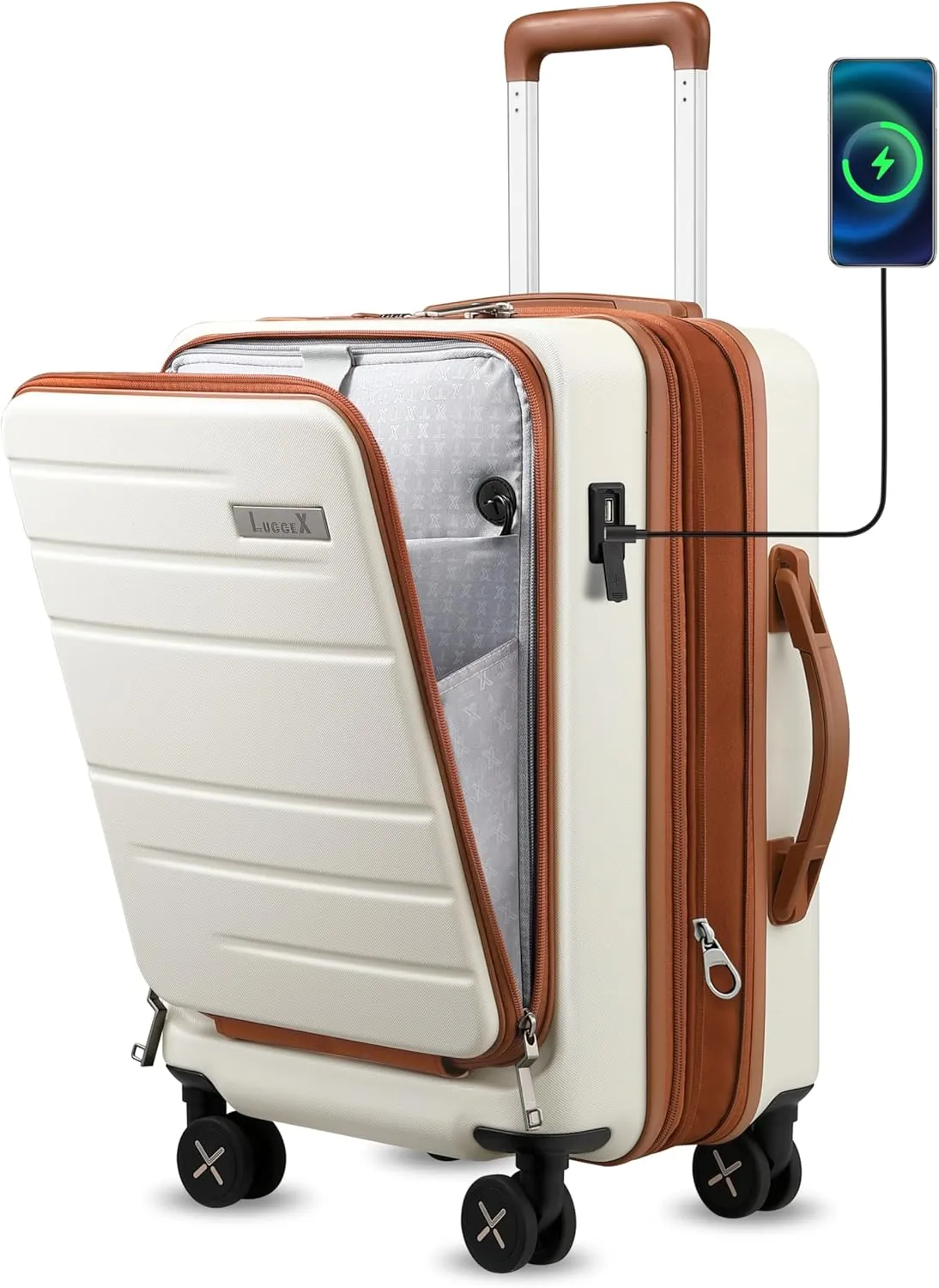 LUGGEX Carry On Luggage with Compartment, Expandable Polycarbonate Suitcase with Wheels (White, 20 Inch, 36.1L)