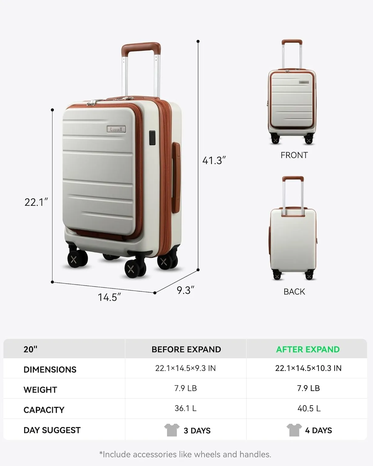 LUGGEX Carry On Luggage with Compartment, Expandable Polycarbonate Suitcase with Wheels (White, 20 Inch, 36.1L)