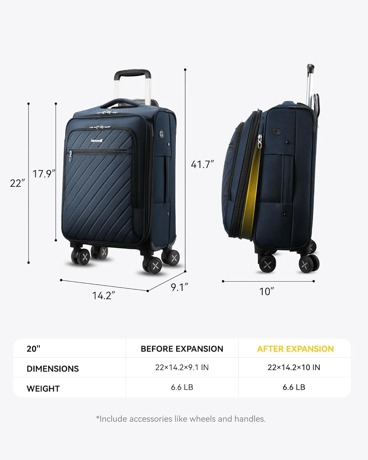 LUGGEX Soft Sided Expandable Carry On Luggage, 20 Inch Suitcases with Spinner Wheels, Lightweight Luggage Rolling Suitcase for Travel, Business (Blue)