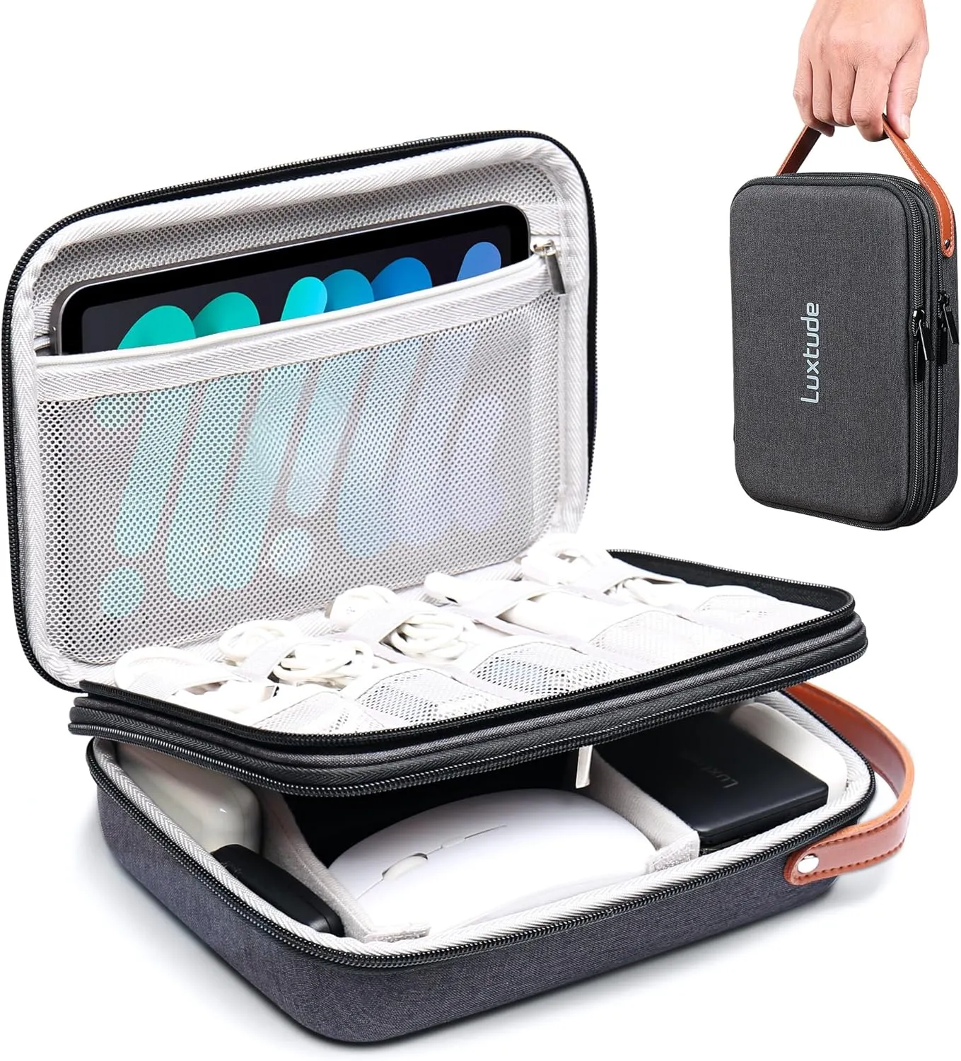 Luxtude Tech Organizer Travel Case, Portable Electronics Organizers, Hard Case for Electronics, Black Tech Bag, Charger Cases, Carrying Cases for iPad Mini (Up to 7.9’’), Mouse, Charger