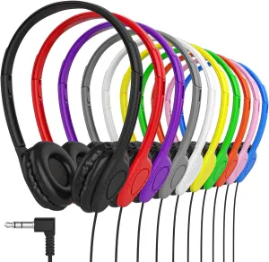 Maeline Bulk Classroom Student Headphones On Ear Stereo Headphones Adjustable Band & Faux Leather Cushions for Kids Online Learning, Library, School, Travel - 3.5mm Plug - 20 Pack - Multi Colors