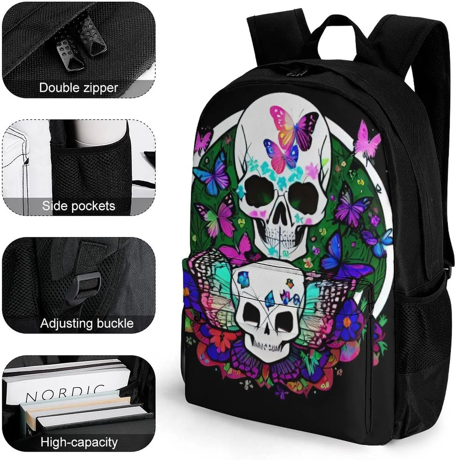 Magic Mushrooms Skull Psychedelic Butterfly Art Shoulder Book Bags Polyester Multipurpose Anti-Theft Carry On Bag Large Capacity Travel Hiking & Camping Rucksack