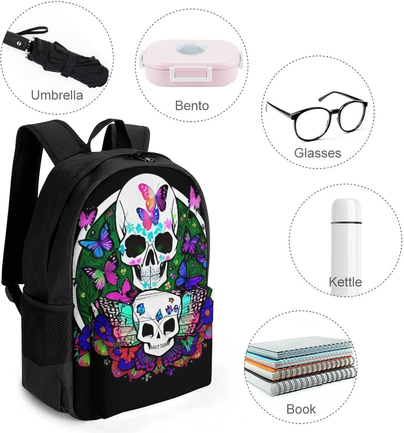 Magic Mushrooms Skull Psychedelic Butterfly Art Shoulder Book Bags Polyester Multipurpose Anti-Theft Carry On Bag Large Capacity Travel Hiking & Camping Rucksack