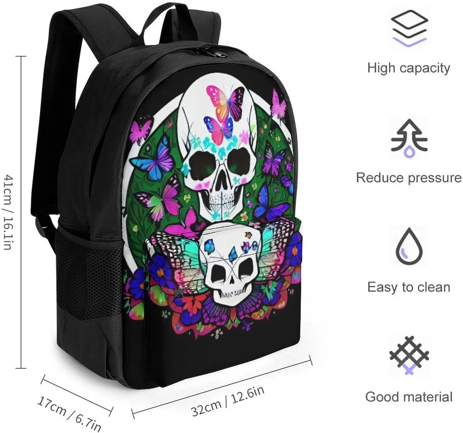 Magic Mushrooms Skull Psychedelic Butterfly Art Shoulder Book Bags Polyester Multipurpose Anti-Theft Carry On Bag Large Capacity Travel Hiking & Camping Rucksack