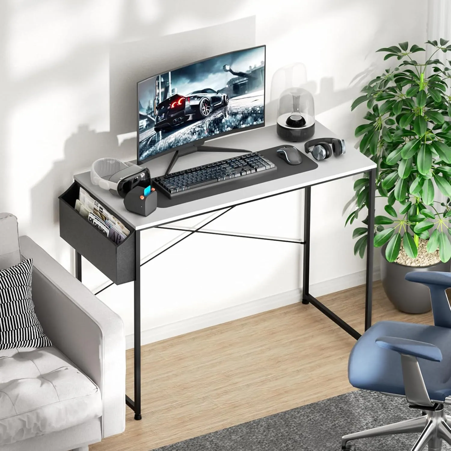 Magshion 40-Inch Computer Desk, Home Office Writing Study Desk with Storage Bag, Modern Simple Laptop Table, White