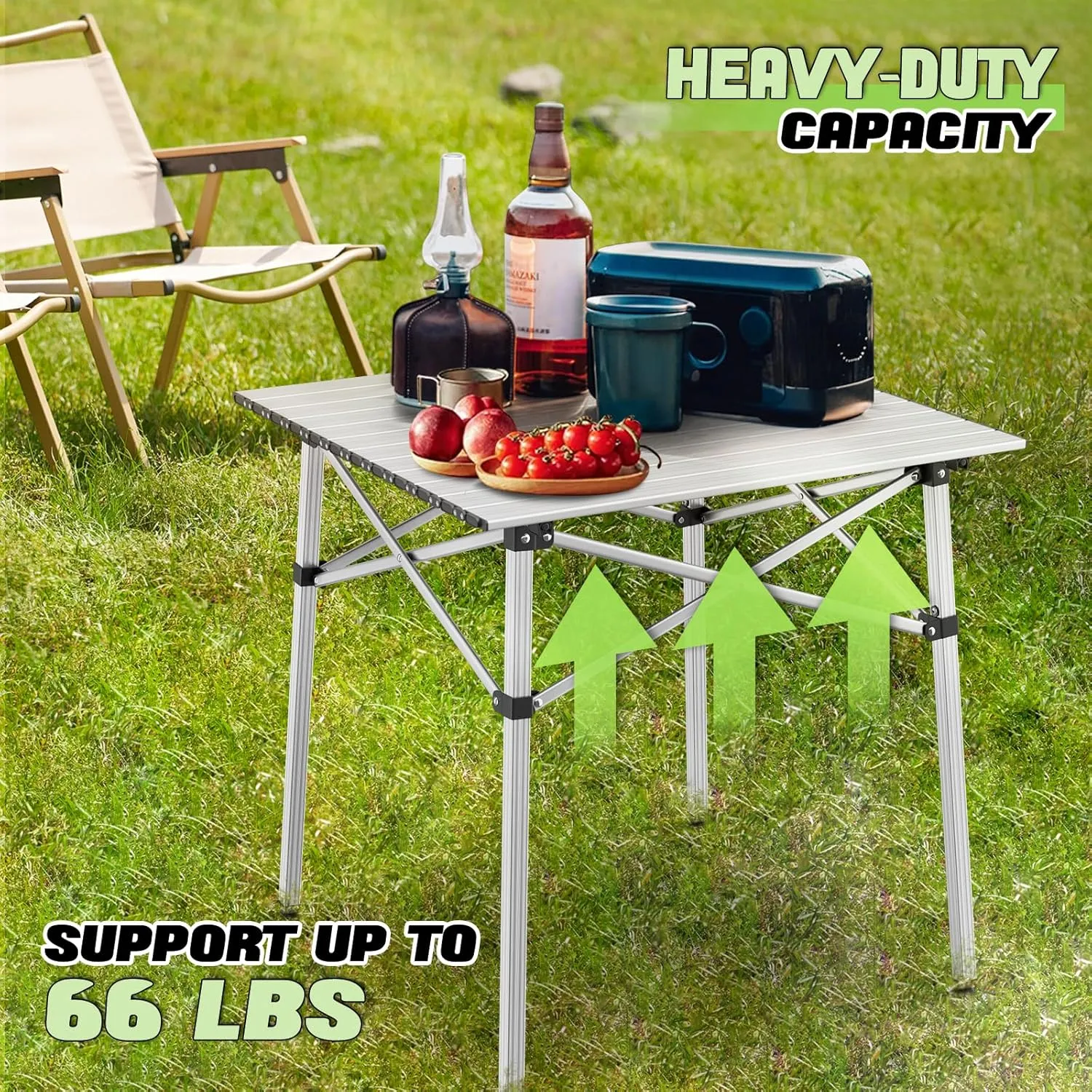 Magshion Outdoor Folding Table, Portable Camping Table with Carry Bag, Foldable Aluminum Roll Up Table, for Camping, Backyard, BBQ and Travel, Silver