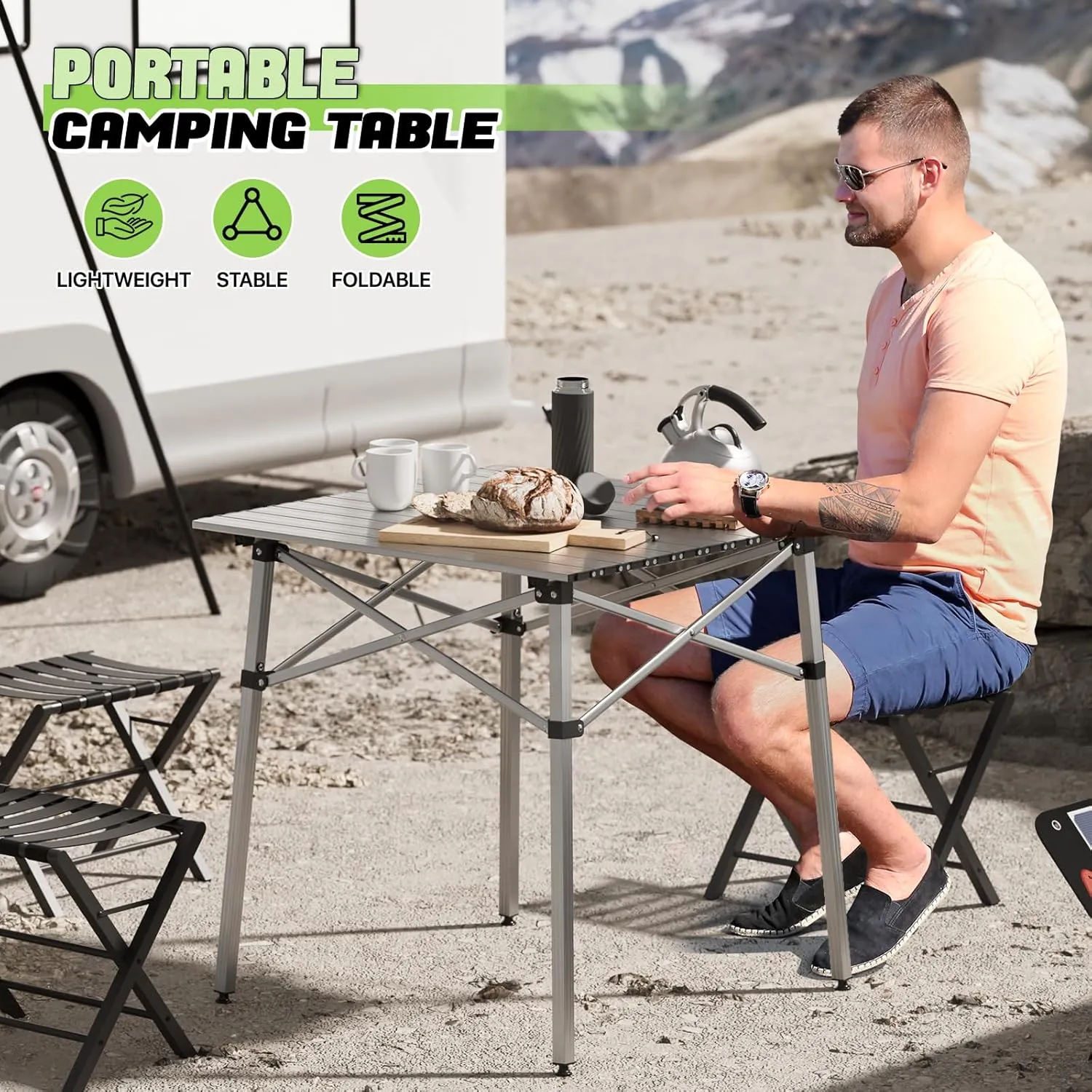 Magshion Outdoor Folding Table, Portable Camping Table with Carry Bag, Foldable Aluminum Roll Up Table, for Camping, Backyard, BBQ and Travel, Silver